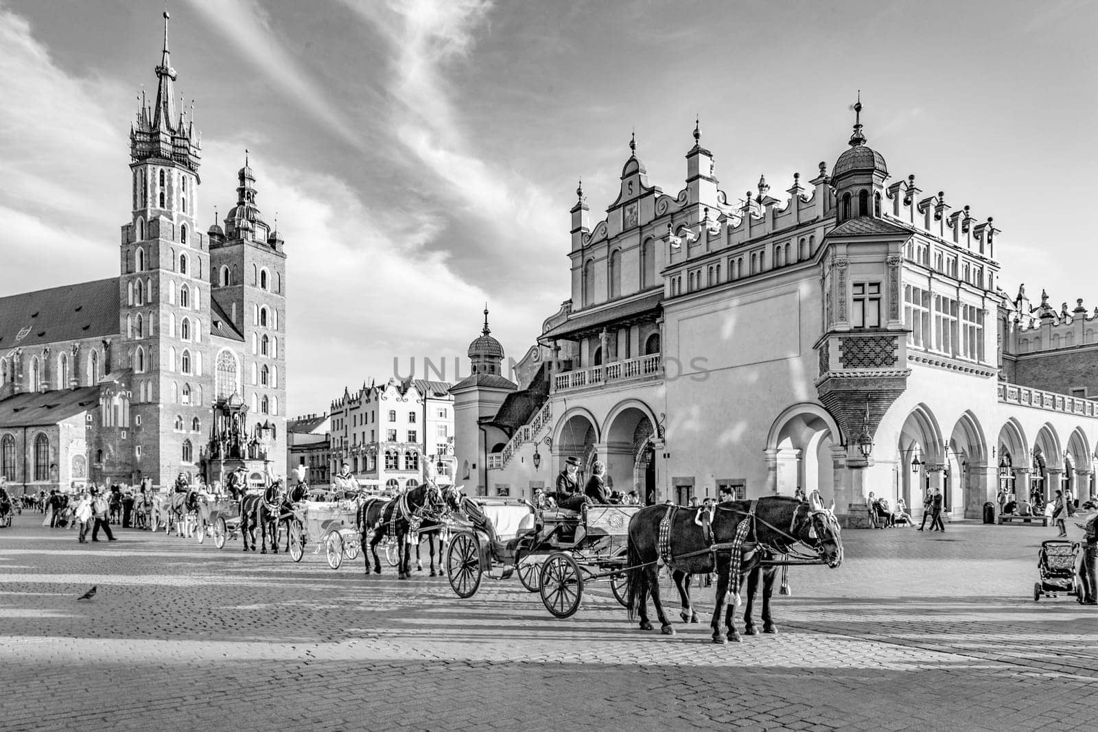 KRAKOW, POLAND - OCT 7, 2014: Horse carriages in front of Mariacki church on main square of Krakow city. Taking a horse ride in a carriage is very popular among tourists visiting Krakow