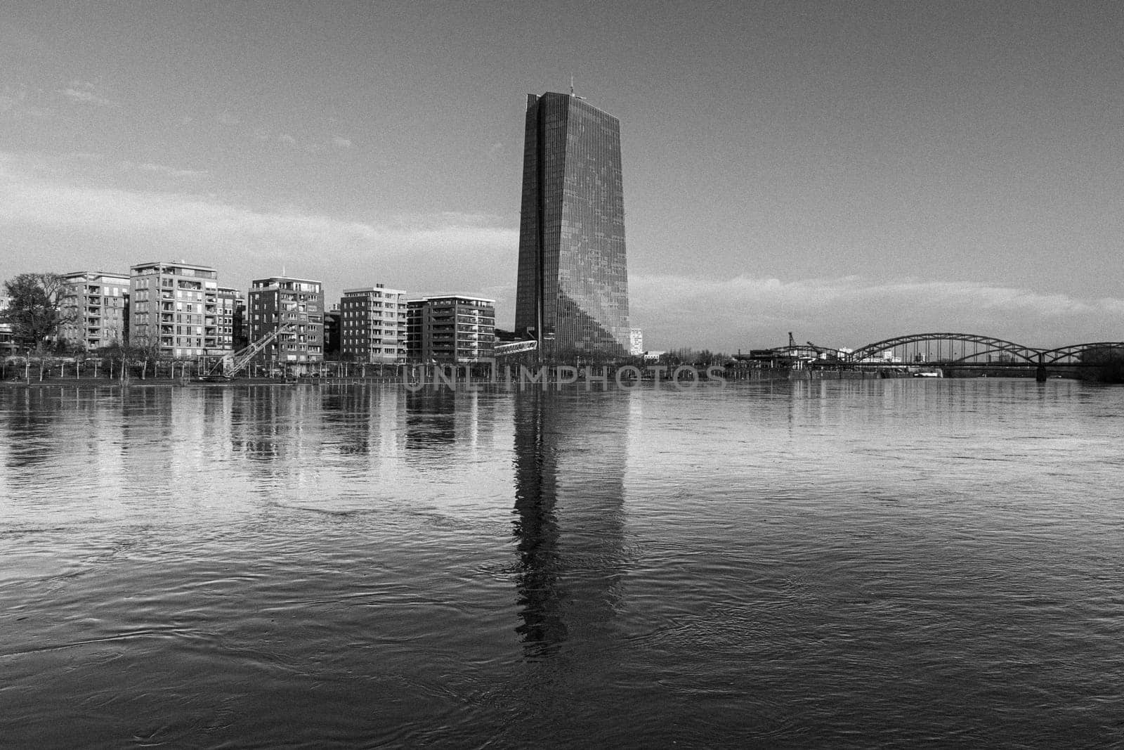 Frankfurt, Germany - January 9, 2018: panoramic view to hafenpark in ostend, frankfurt am Main, Germany with new building of ECB, inaugurated in 2015.