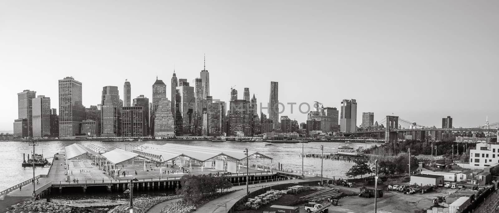 New York, USA - October 10, 2017:   scenic view from Brooklyn harbor side to skyline of Manhattan, New York.