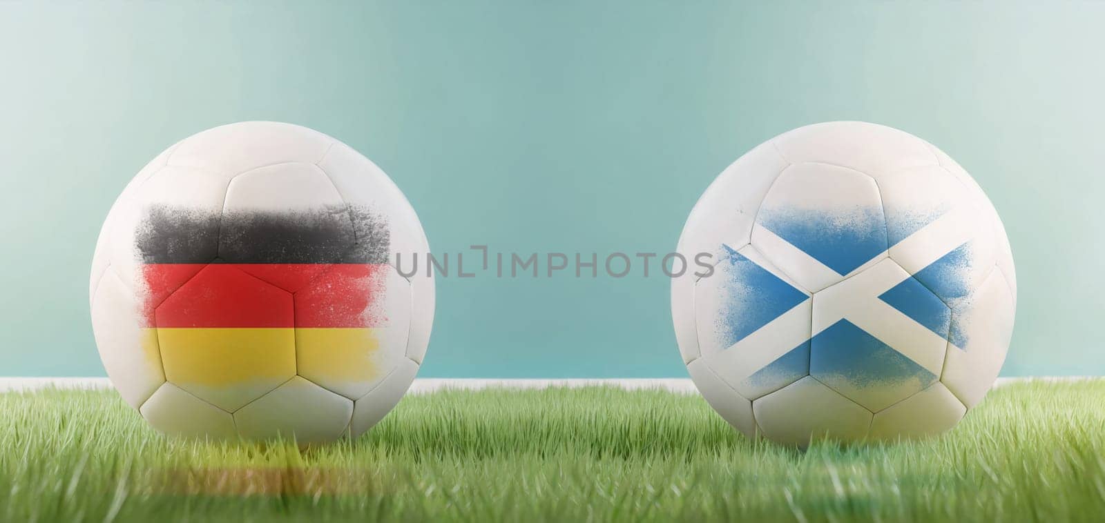 Germany vs Scotland football match infographic template for Euro 2024 matchday scoreline announcement. Two soccer balls with country flags placed against each other on the green grass with copy space
