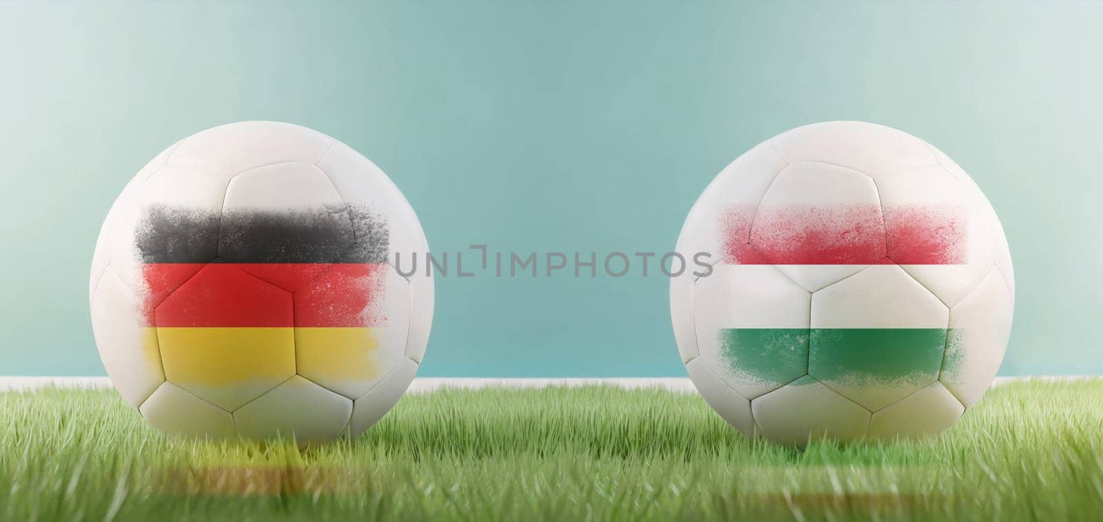 Germany vs Hungary football match infographic template for Euro 2024 matchday scoreline announcement. Two soccer balls with country flags placed against each other on the green grass with copy space