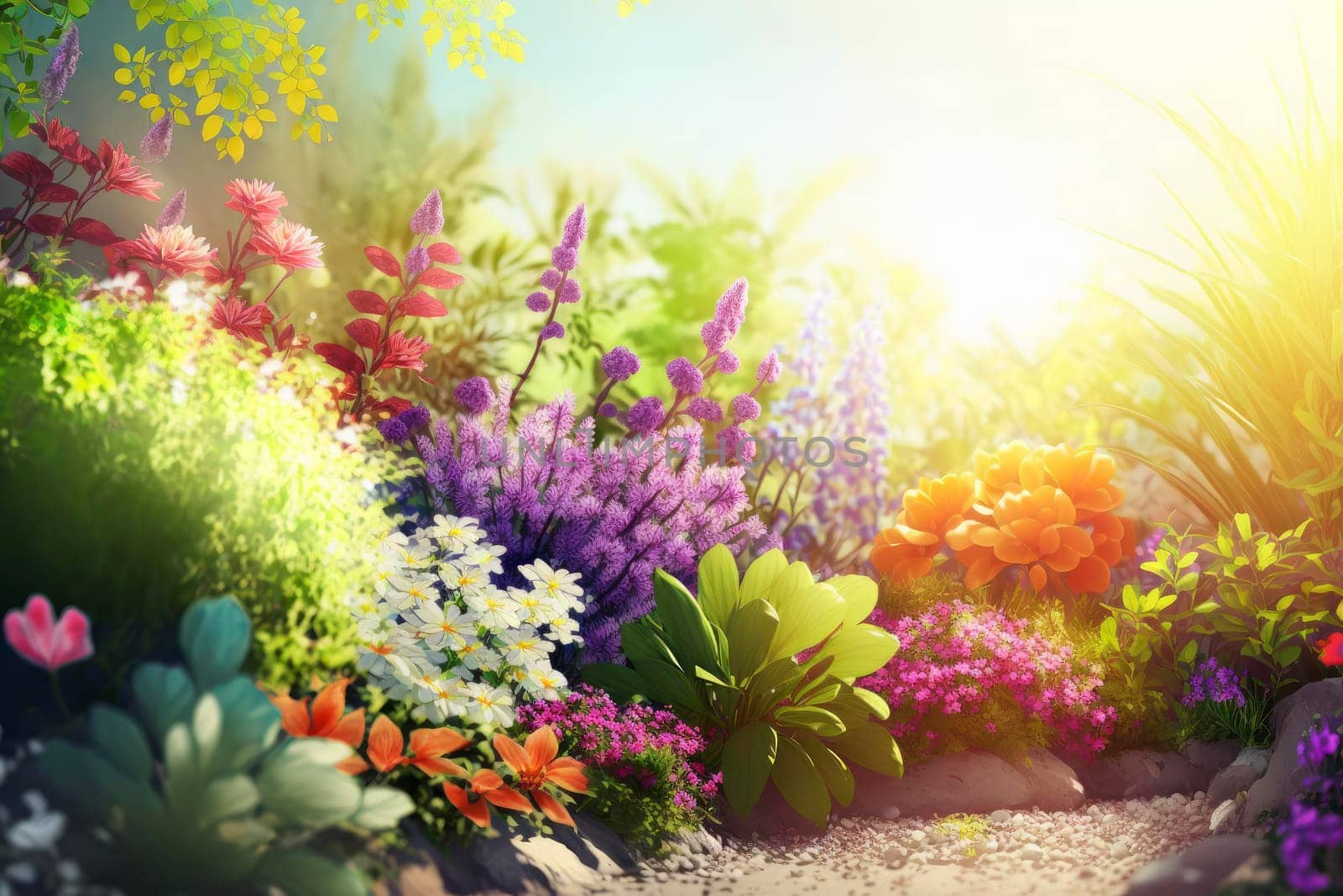 illustration of spring landscape with gardening tools, ai generative