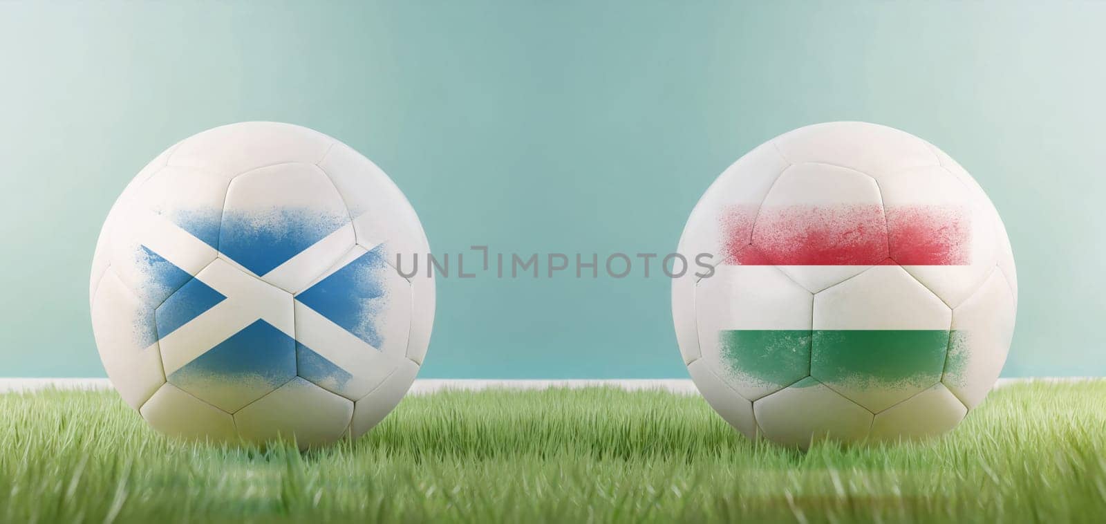 Scotland vs Hungary football match infographic template for Euro 2024 matchday scoreline announcement. Two soccer balls with country flags placed against each other on the green grass with copy space