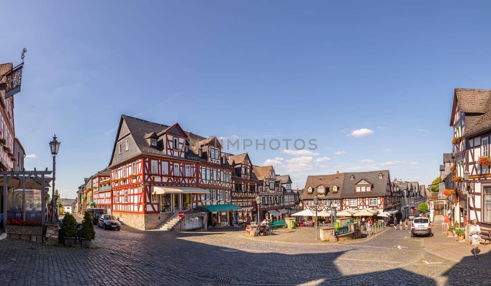 Braunfels, Germany - July 18, 2018: view to market square of Braunfels with historic old timbered houses.