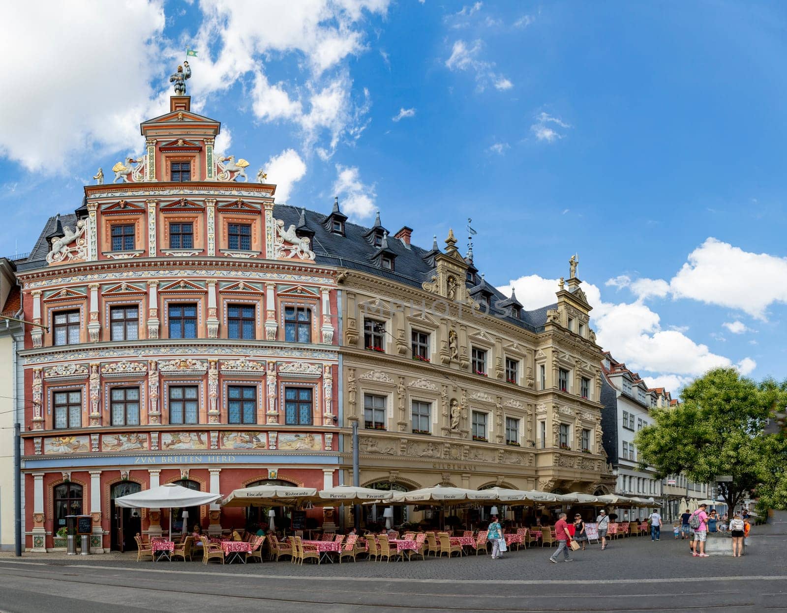 Erfurt, Germany - July 29, 2018: facade at house  ZUM BREITEN HERD  engl: House of wide oven at Fischmarkt, Erfurt, Thuringia, Germany, Europe