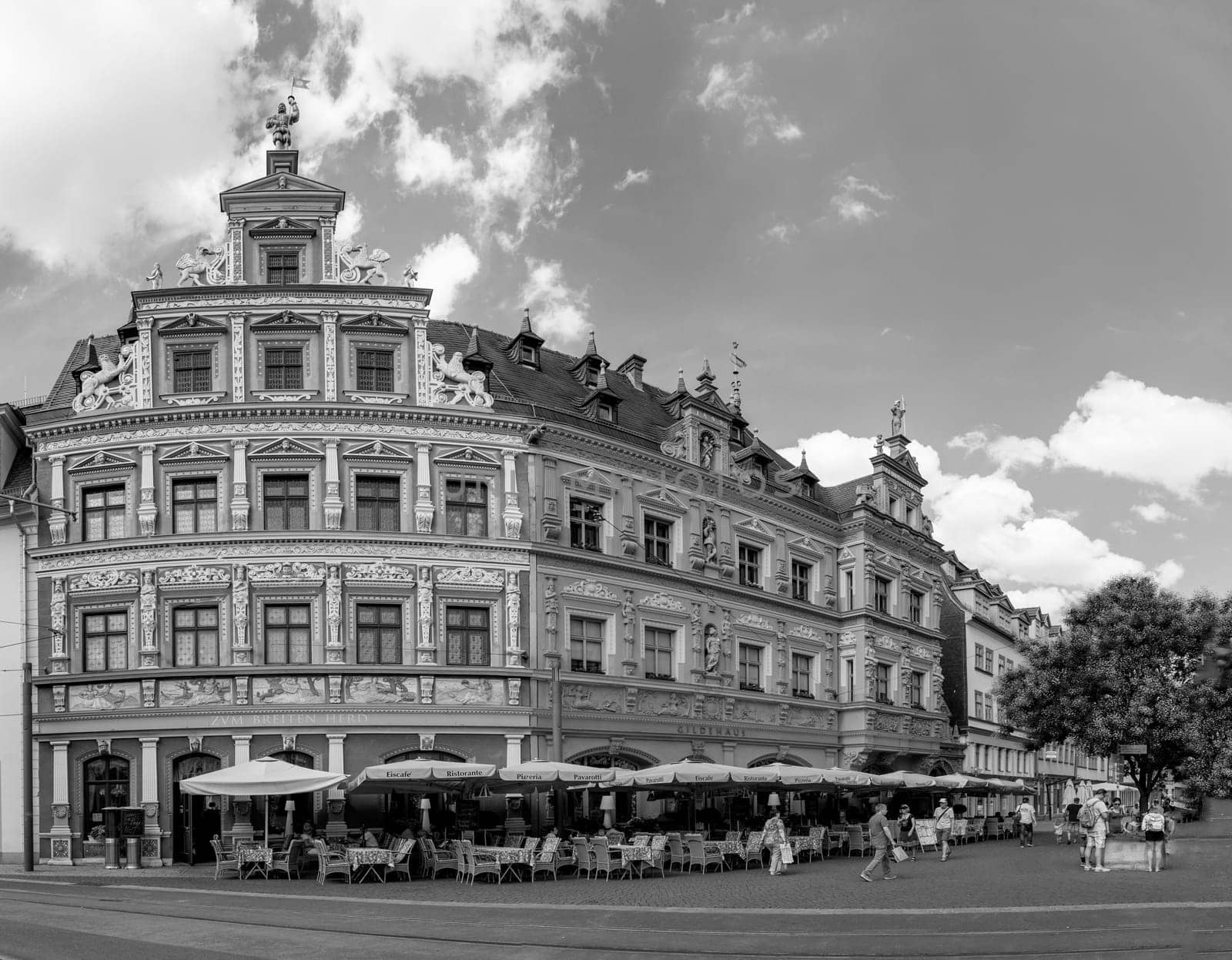 Erfurt, Germany - July 29, 2018: facade at house  ZUM BREITEN HERD  engl: House of wide oven at Fischmarkt, Erfurt, Thuringia, Germany, Europe
