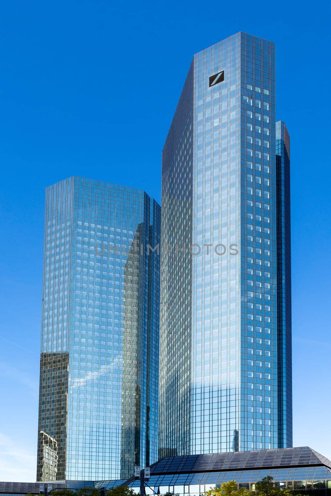 Frankfurt, Germany - September 16, 2018: German Bank twin tower headquarter in Frankfurt am Main, Germany.