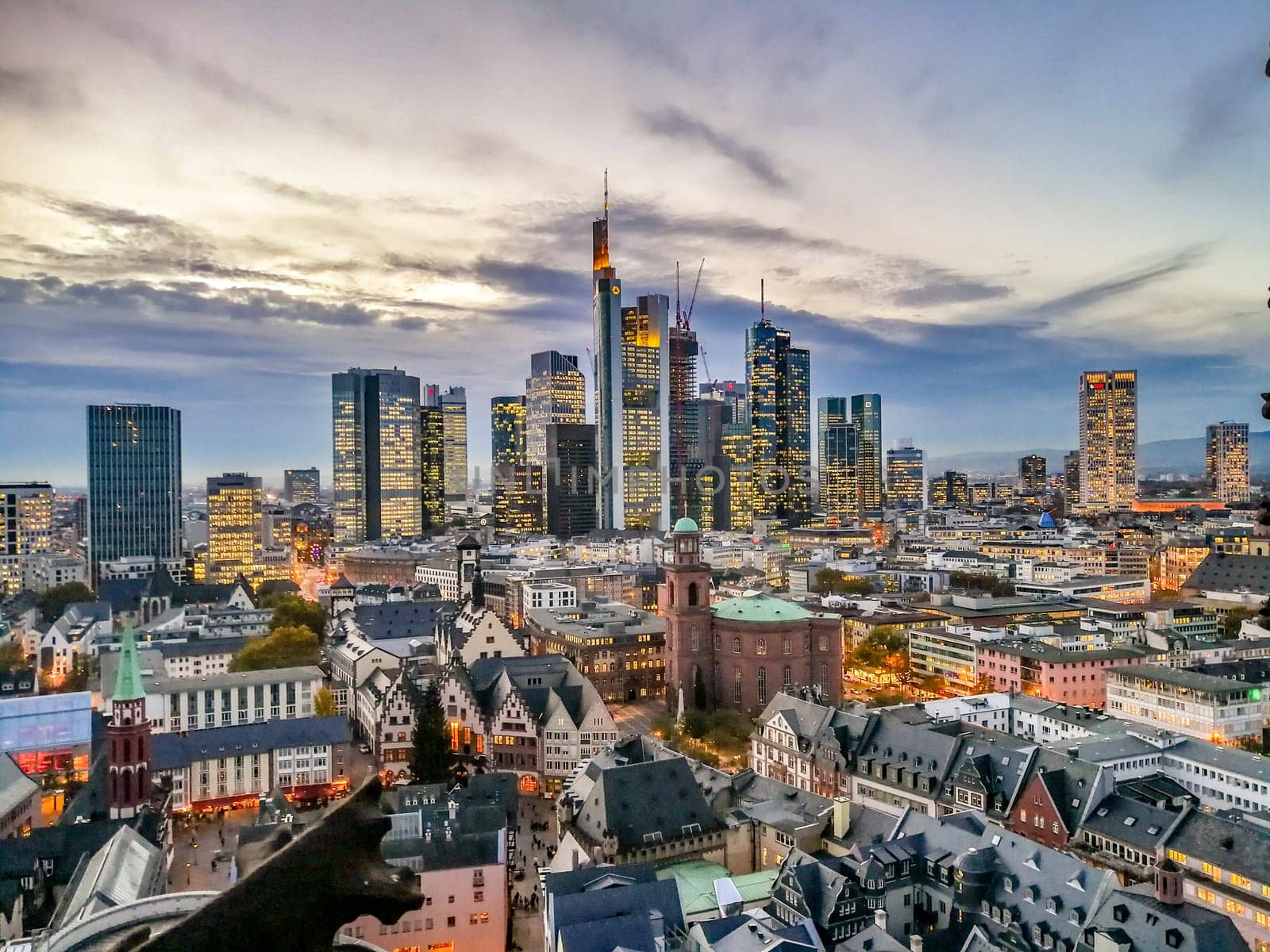 Frankfurt, Germany - November 11, 2018: view to skyline of Frankfurt in sunset, Germany