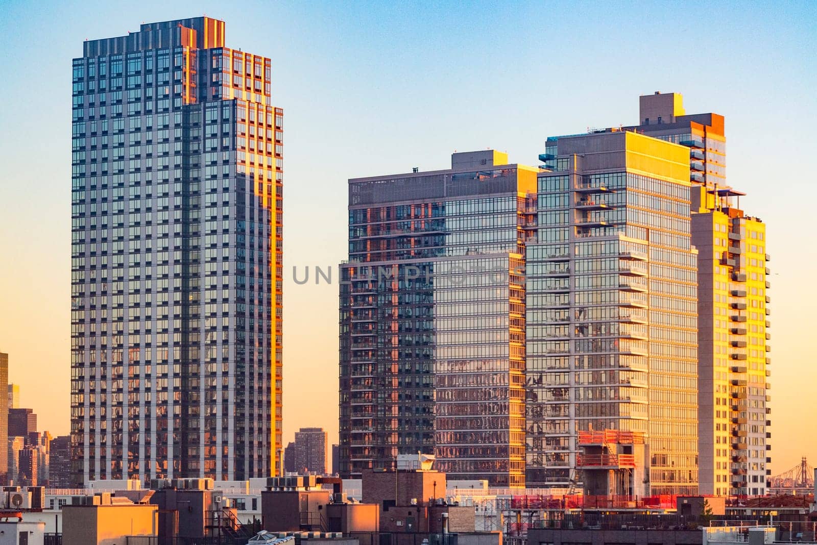 New York, USA - November 7, 2018: view to Skyline of New York in golden sunset light, USA.