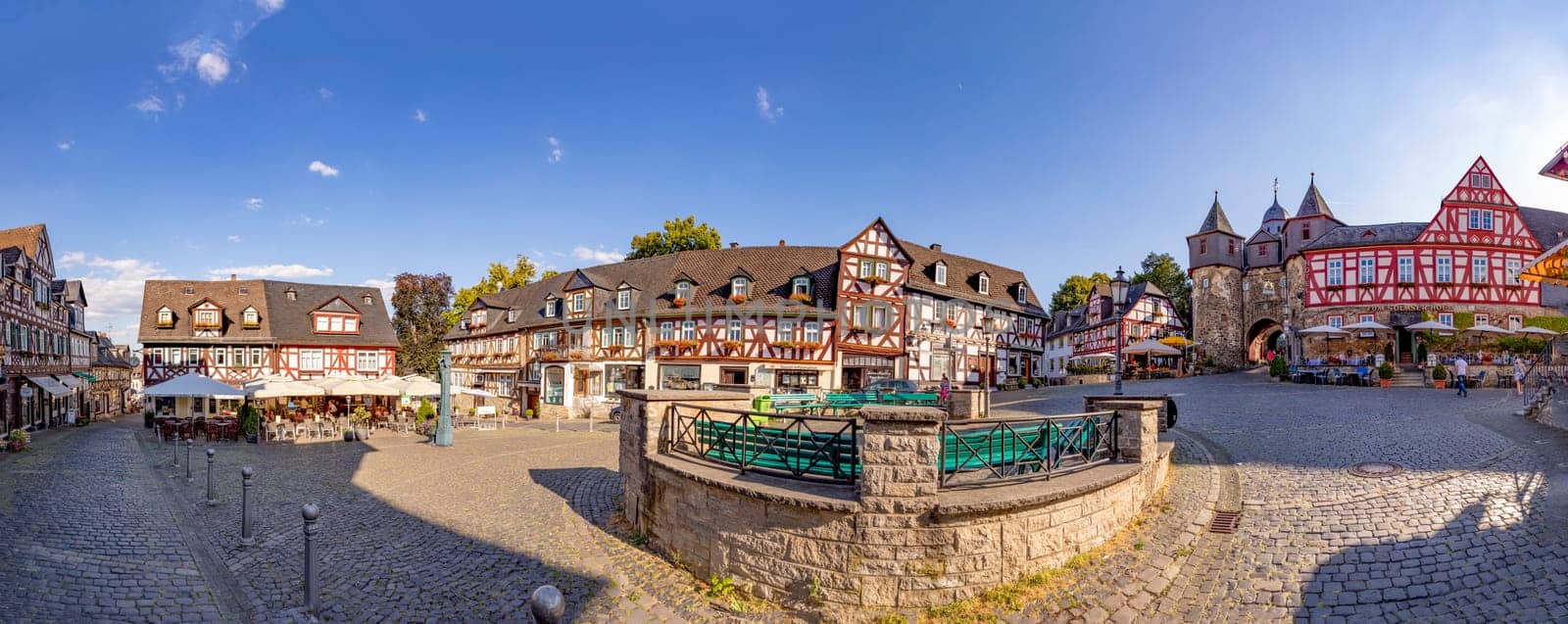 Braunfels, Germany - July 18, 2018: view to market square of Braunfels with historic old timbered houses.