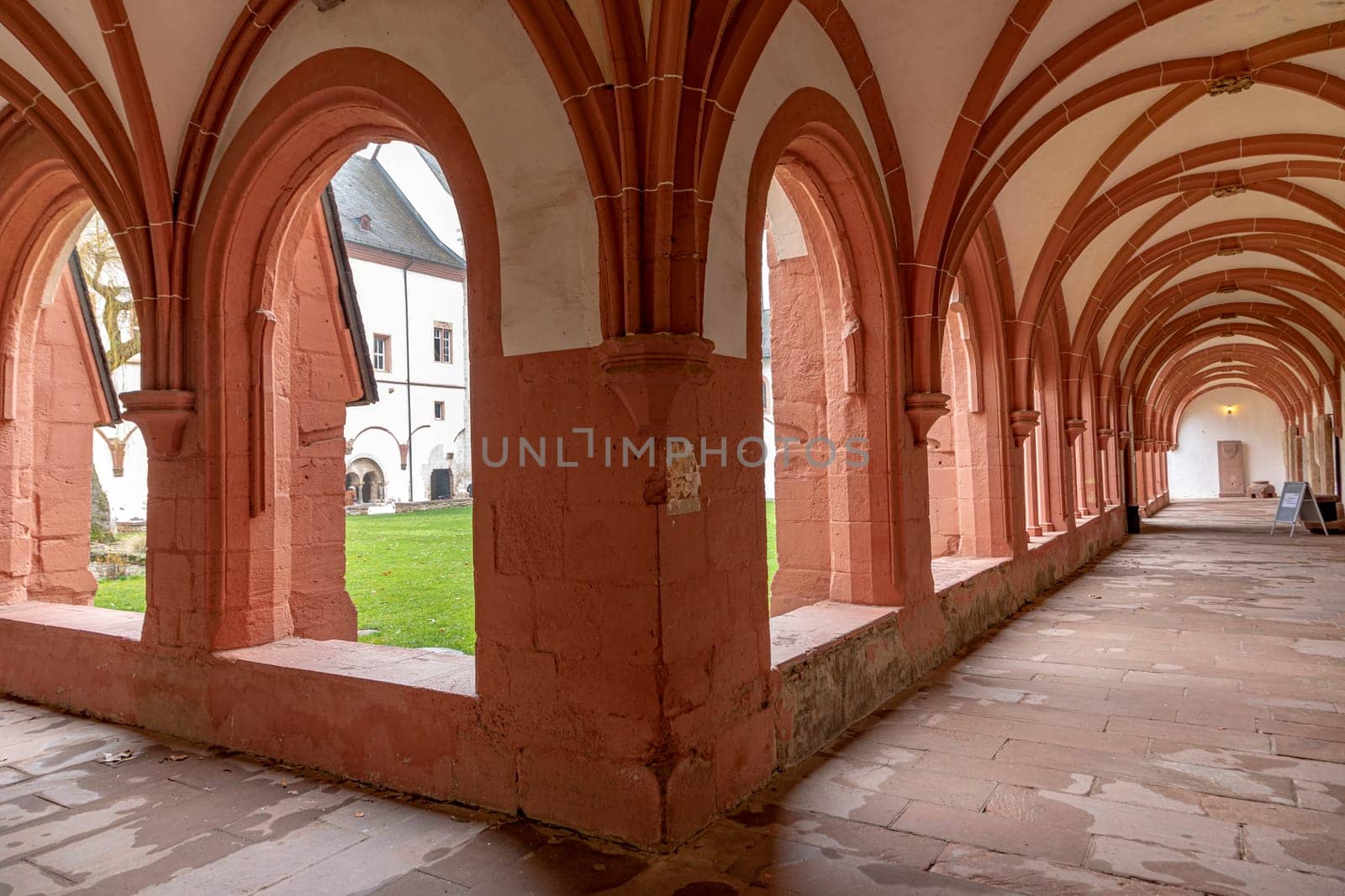 Eltville, Germany - December 29, 2018: sandstone archs at the inner garden at cloister of Eberbach, Germany