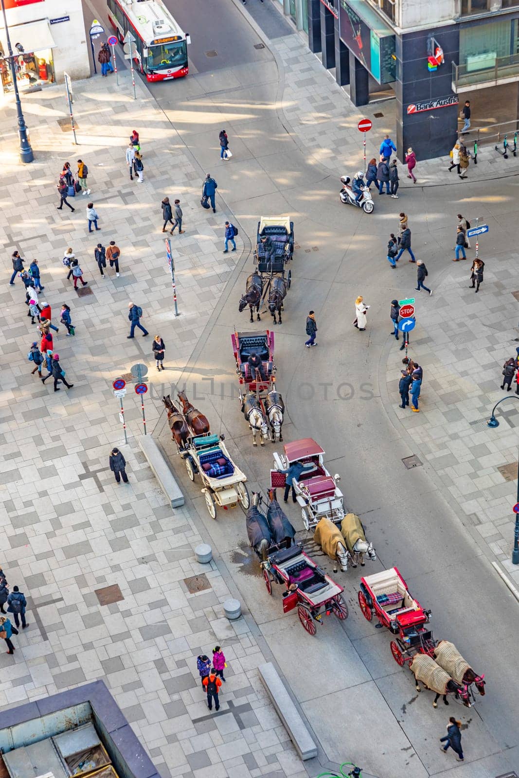 Vienna, Austria - February 15, 2019: fiaker at stephans place in Vienna wait for tourists to have a ride in the old town of Vienna. Fiaker licences is strictly limited in Vienna.