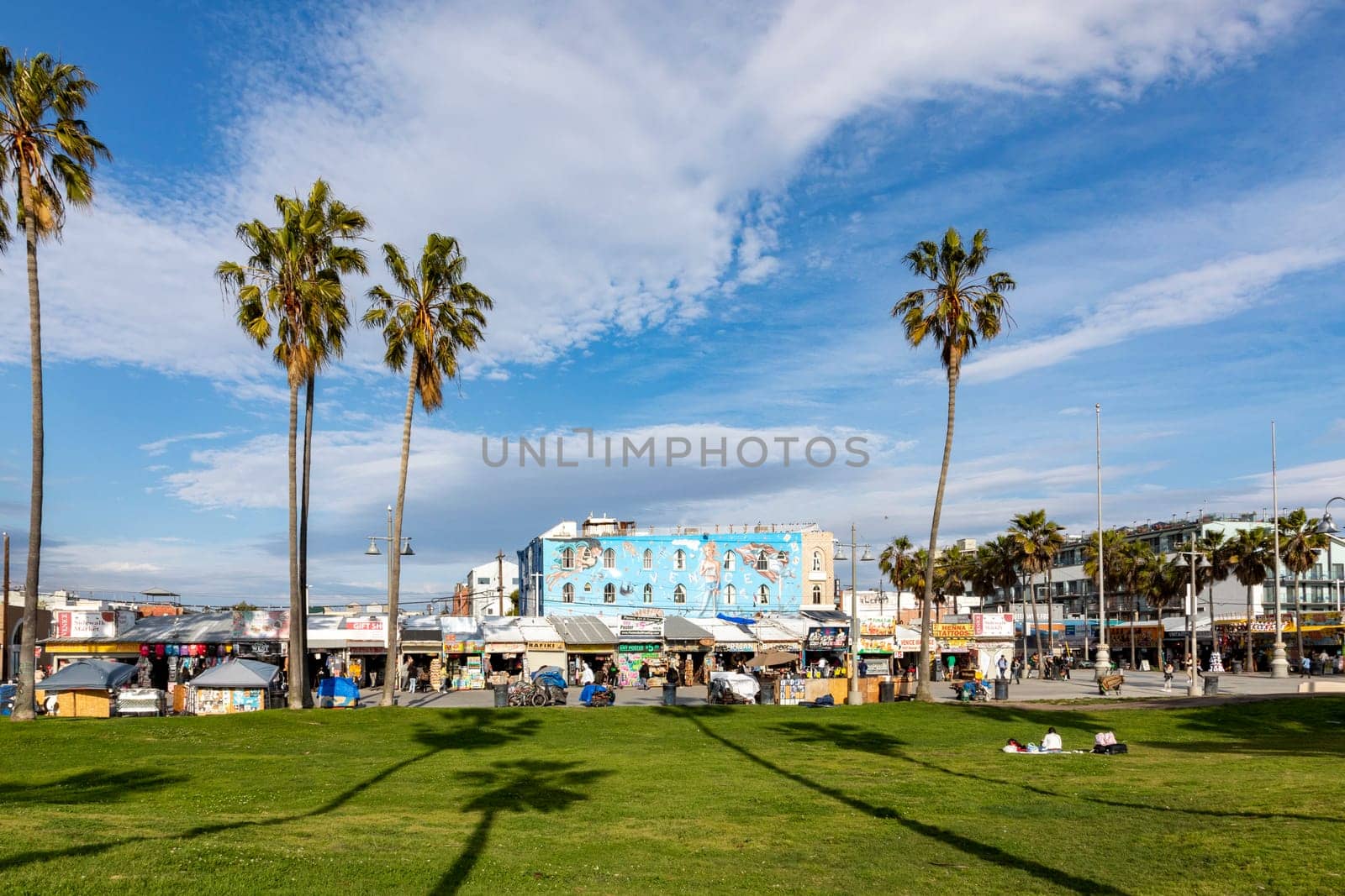 Venice, USA - March 5, 2019: people enjoy scenic beach promenade with palms and colorful houses at Venice Beach in California.