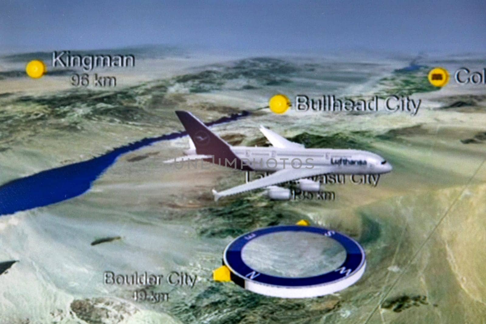 Boulder City, USA - March 4, 2019: flightmap of the inflight entertainment of an A380 aircraft with radar points.
