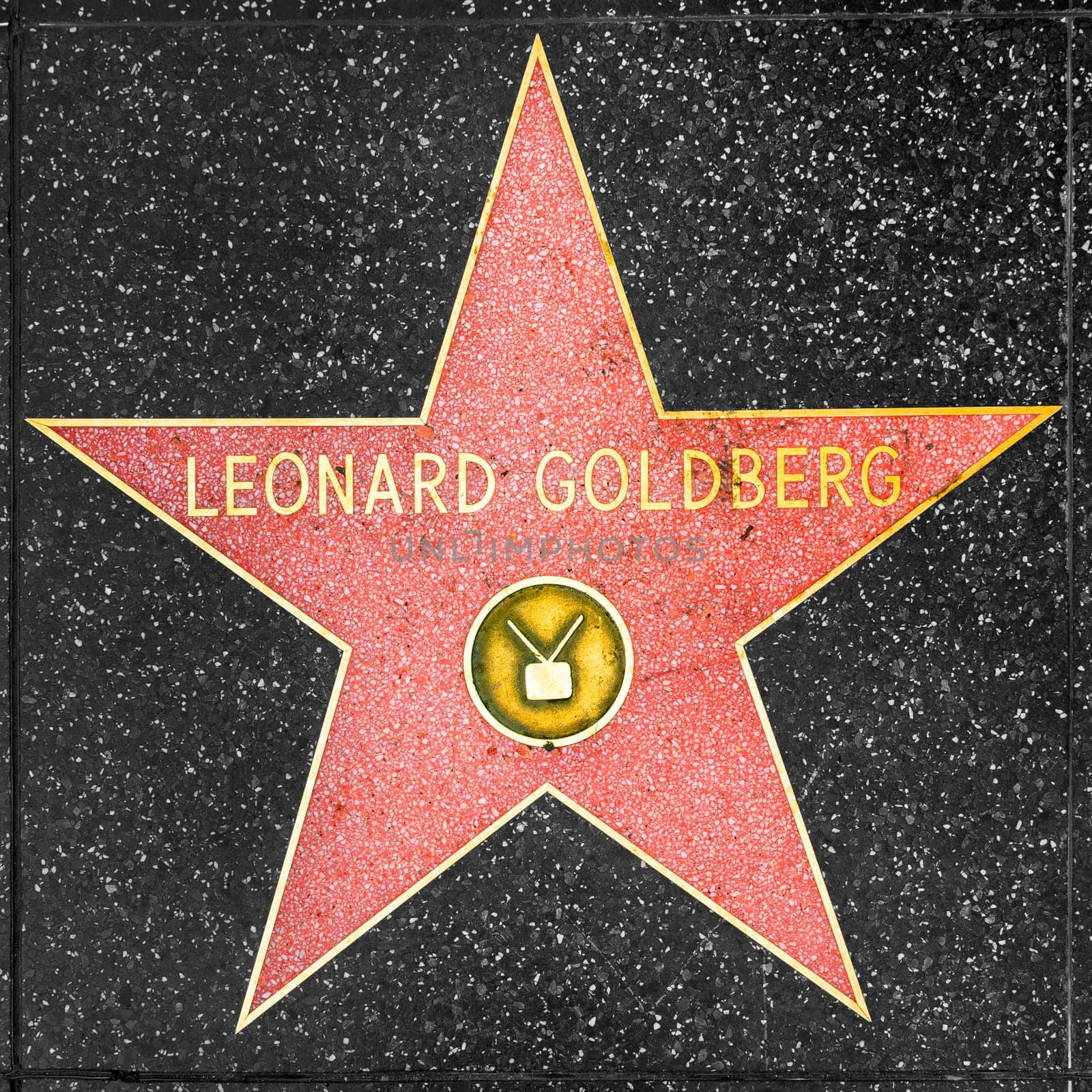 Los Angeles, USA - March 5, 2019: closeup of Star on the Hollywood Walk of Fame for Leonard Goldberg.