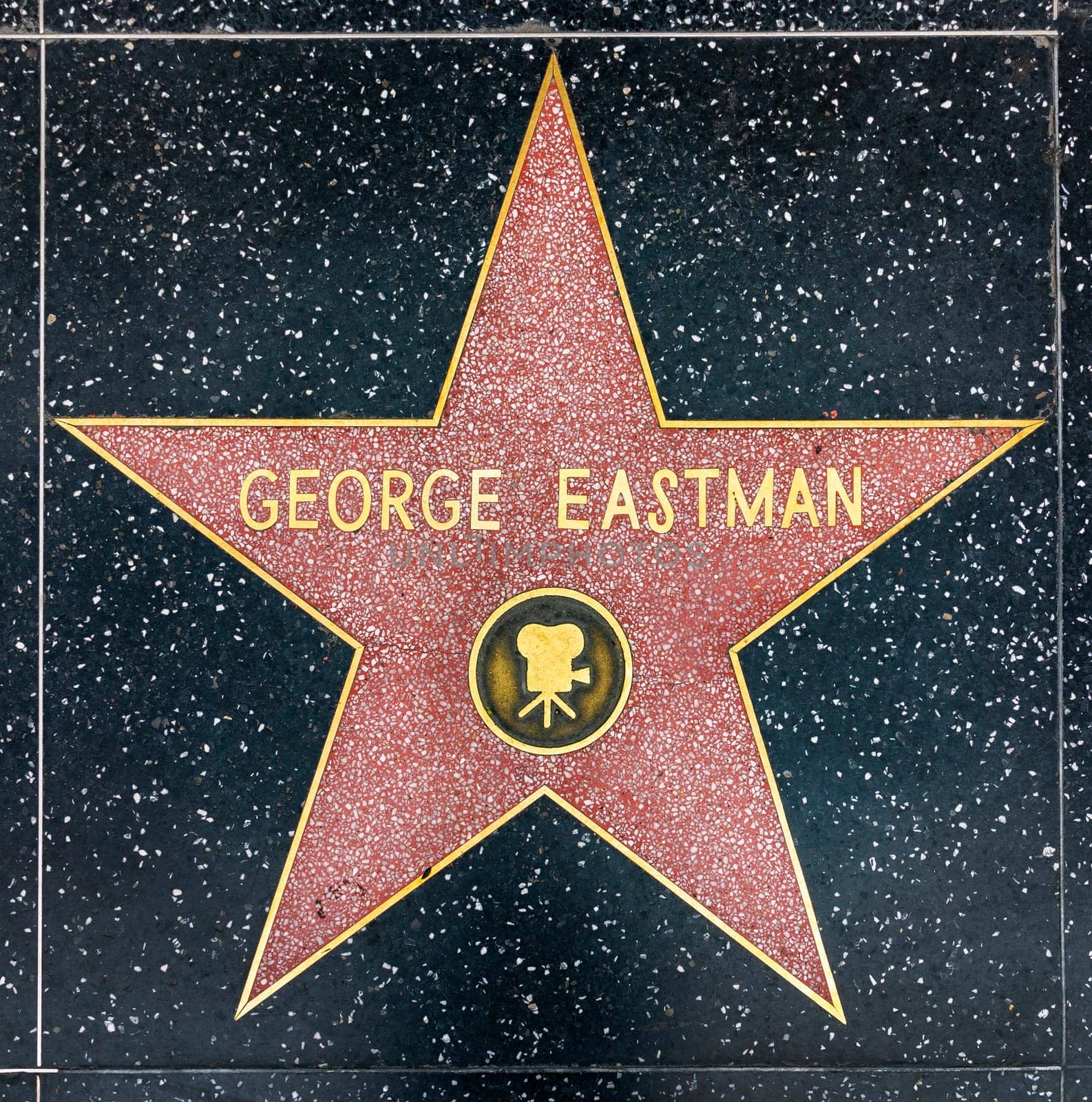 Los Angeles, USA - March 5, 2019: closeup of Star on the Hollywood Walk of Fame for George Eastman.