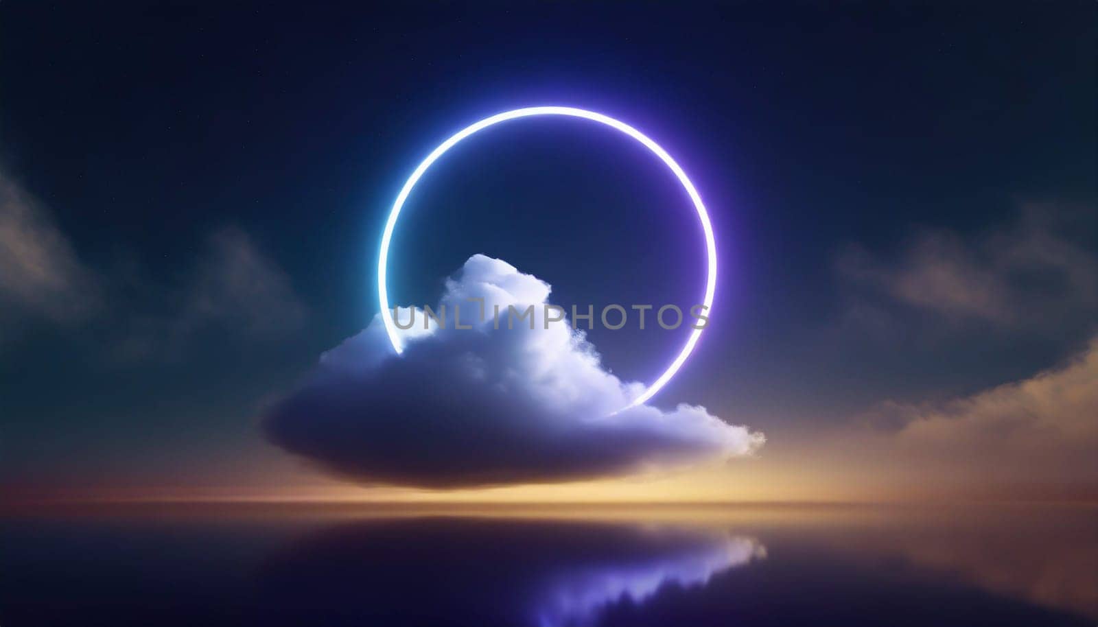 3d render, abstract cloud illuminated with neon light ring on dark night sky. Glowing geometric shape, round frame
