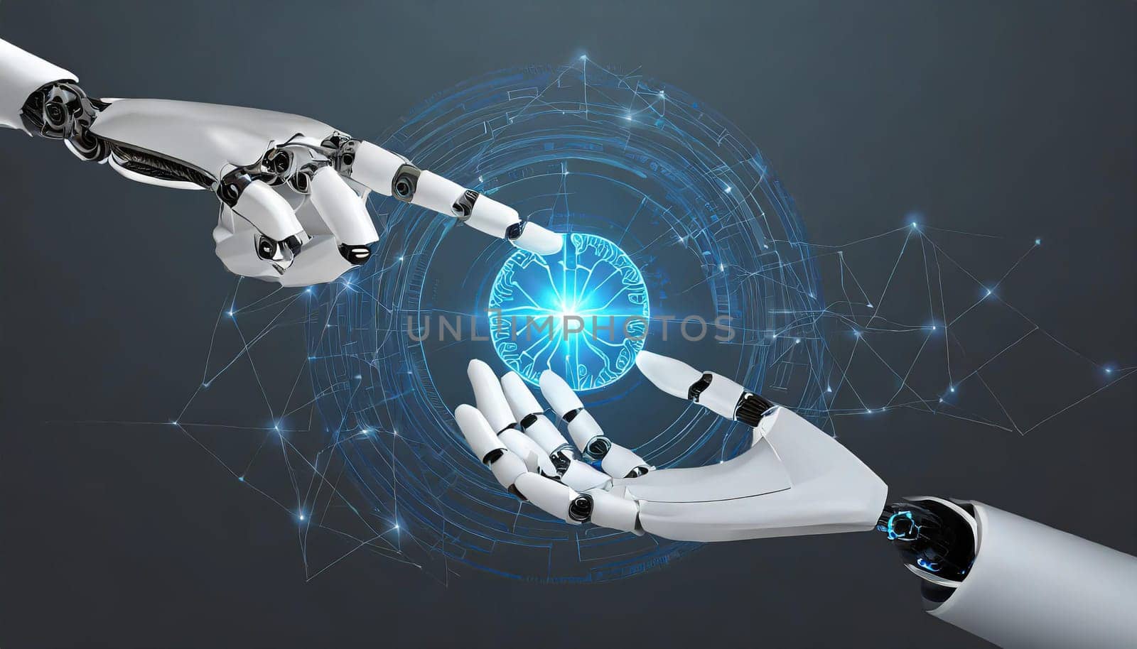 AI, Machine learning, Hands of robot and human touching on big data network connection background, Science and artificial intelligence technology, innovation and futuristic.