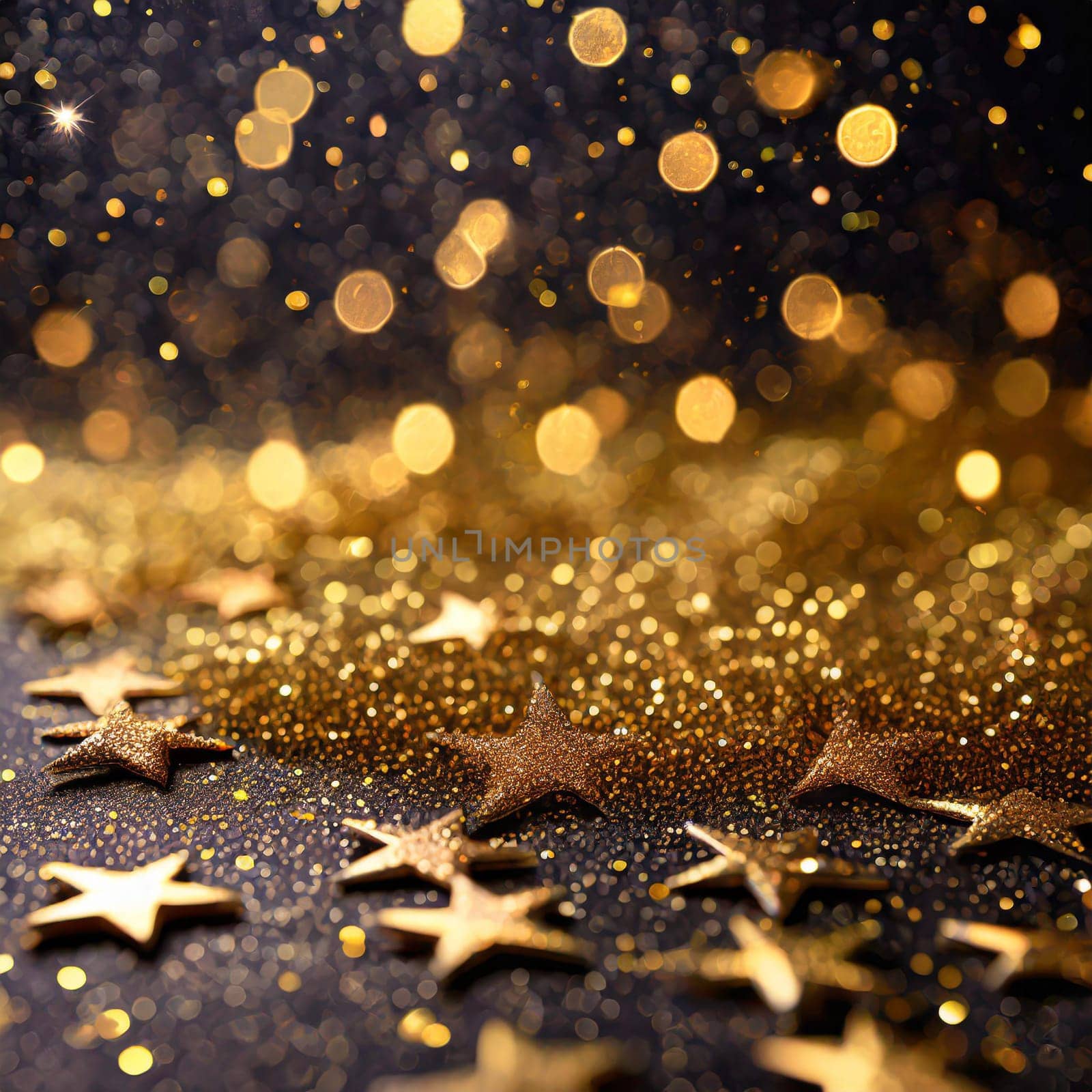 Abstract festive dark background with gold stars and glitter New year birthday holidays celebration
