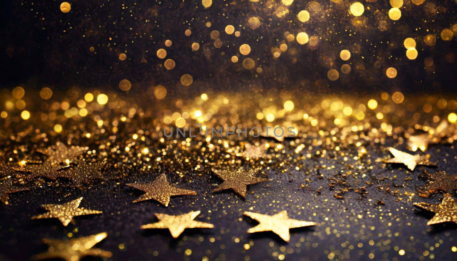 Abstract festive dark background with gold stars and glitter New year birthday holidays celebration