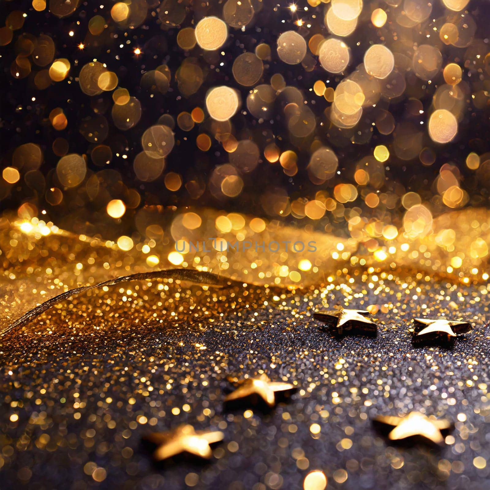 Abstract festive dark background with gold stars and glitter New year birthday holidays celebration