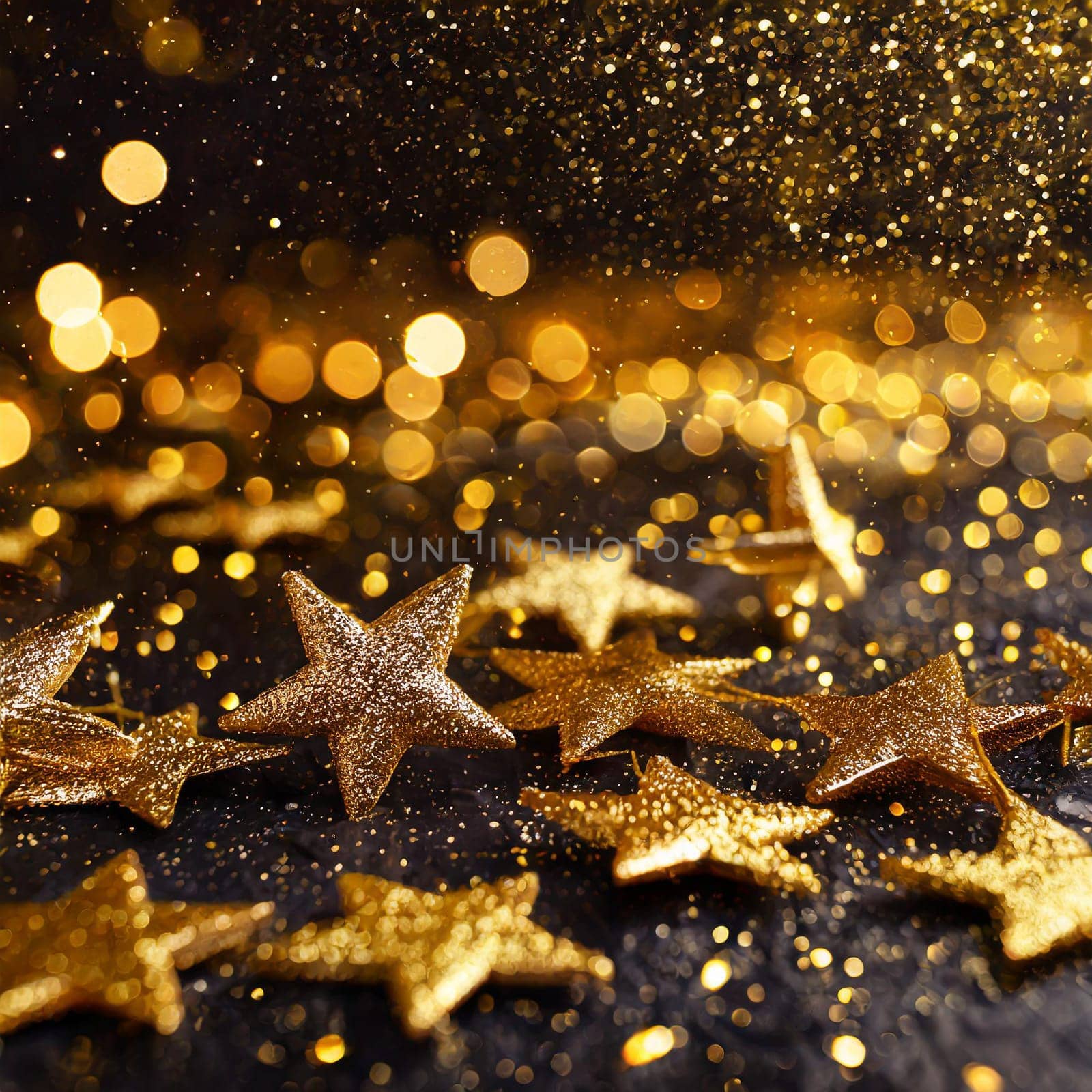 Abstract festive dark background with gold stars and glitter New year birthday holidays celebration