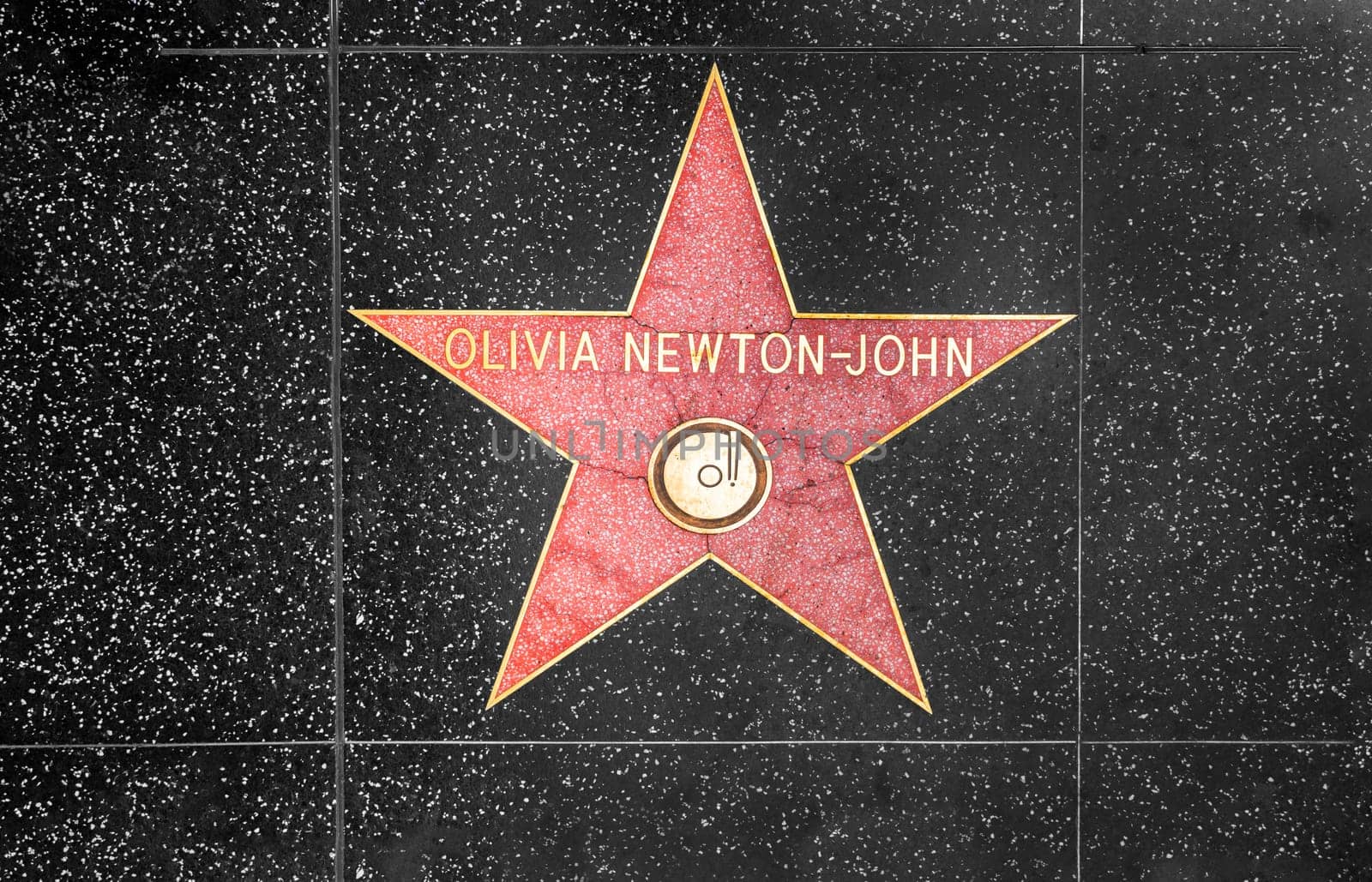 Los Angeles, USA - March 5, 2019: closeup of Star on the Hollywood Walk of Fame for Olivia Newton-John.