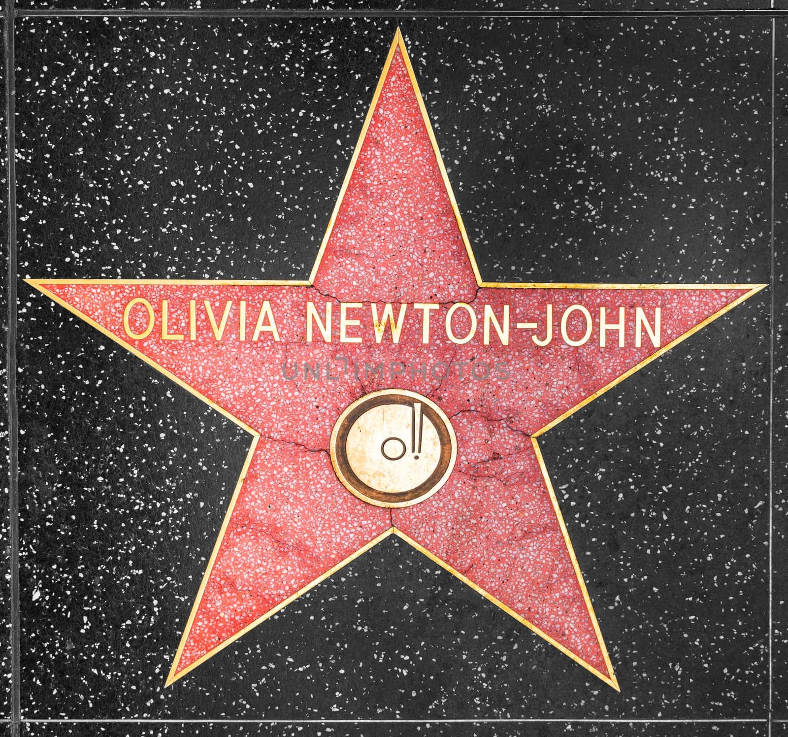 Los Angeles, USA - March 5, 2019: closeup of Star on the Hollywood Walk of Fame for Olivia Newton-John.