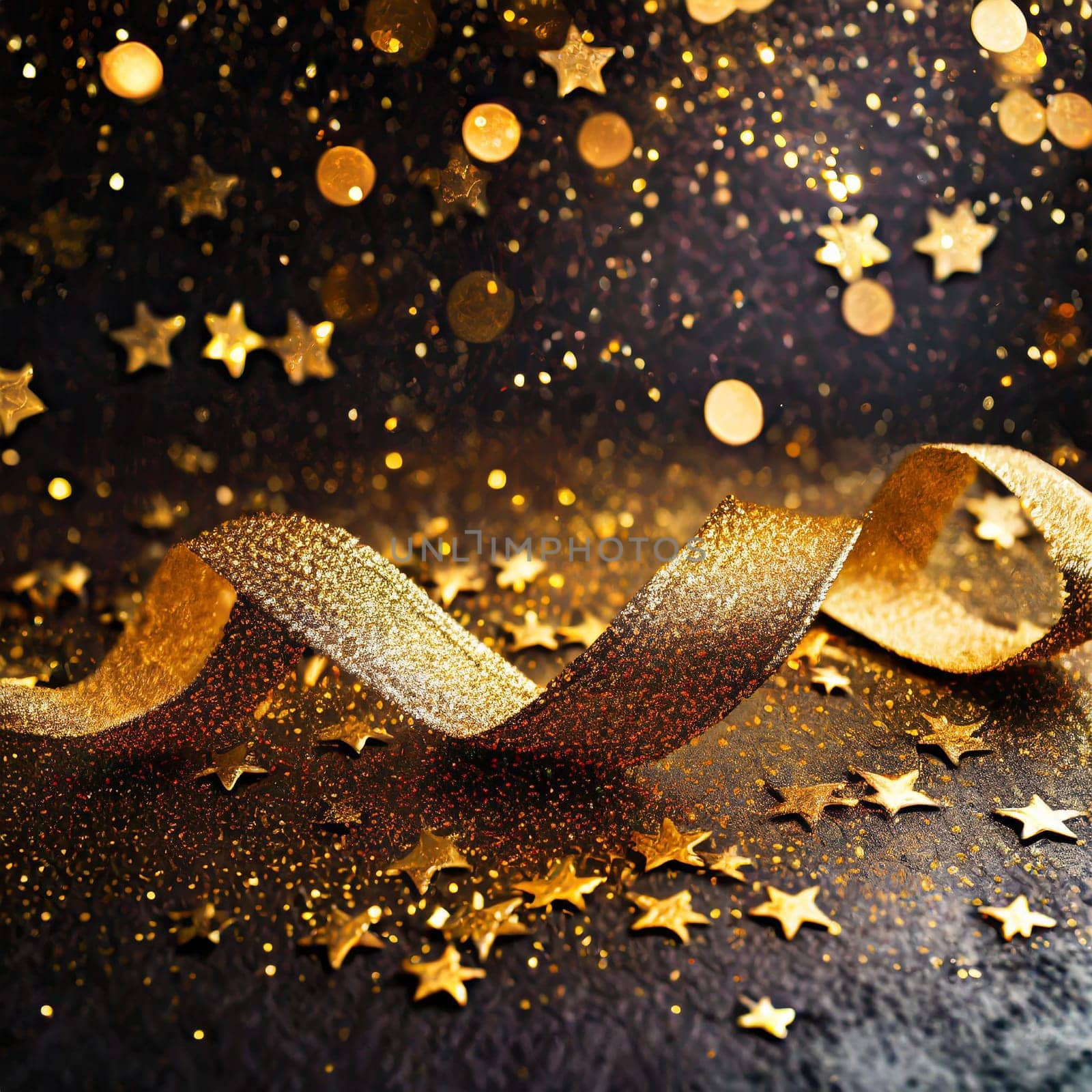 Abstract festive dark background with gold stars and glitter New year birthday holidays celebration