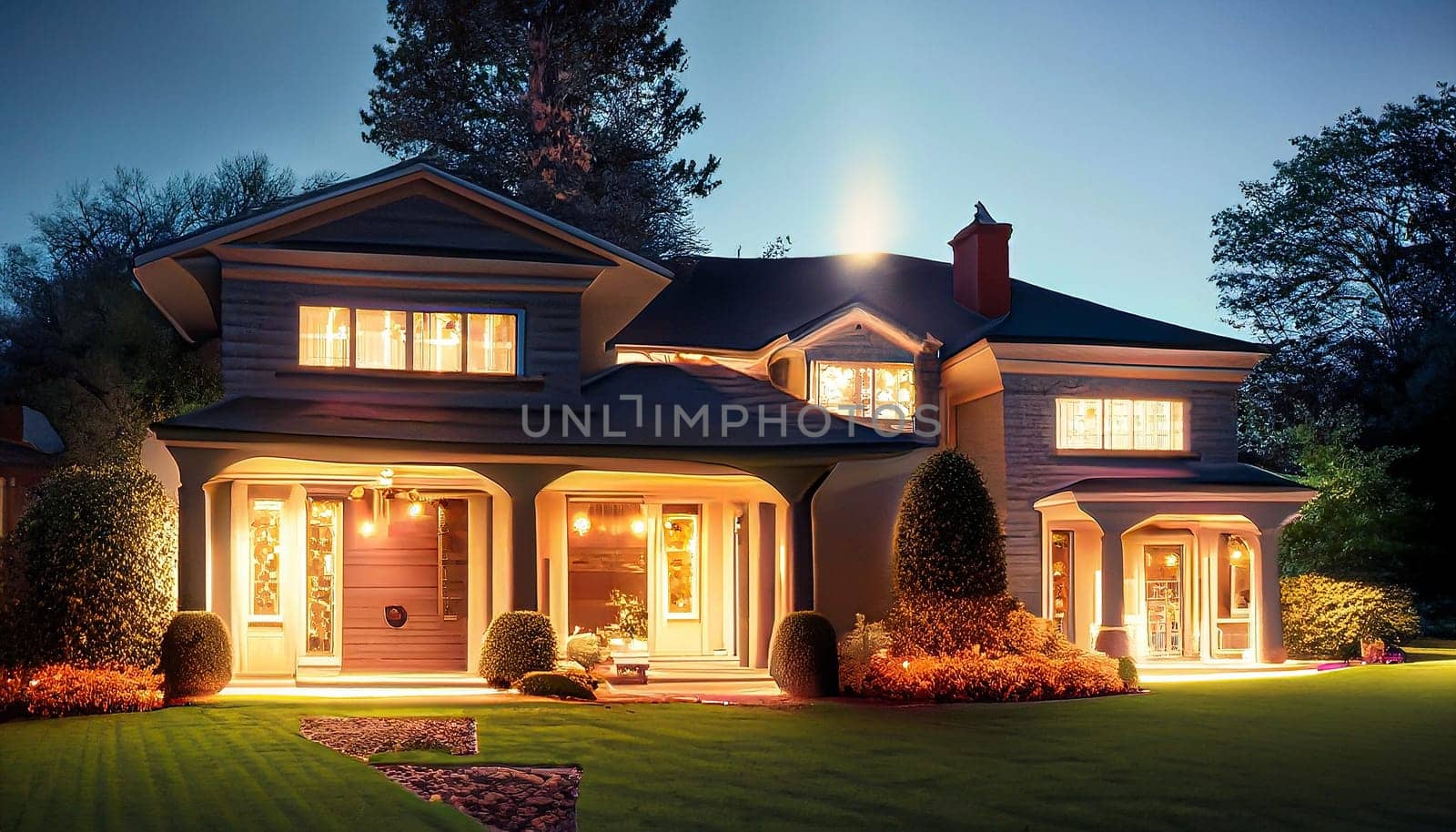 The front view of a newly built home is enhanced by a picturesque surrounding of vibrant green grass and a clear blue sky at sunrise. This appealing exterior beckons potential buyers or renters