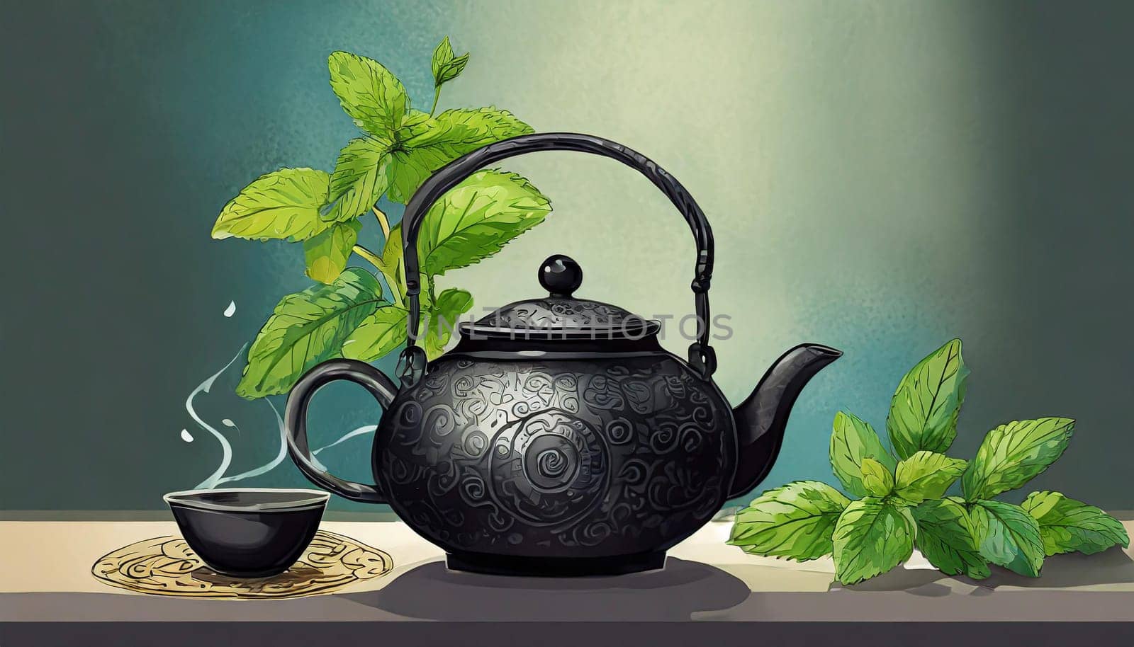 Black iron Asian teapot with sprigs of mint for tea