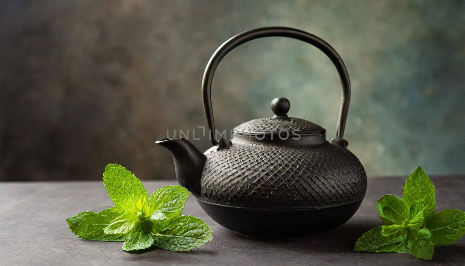 Black iron Asian teapot with sprigs of mint for tea