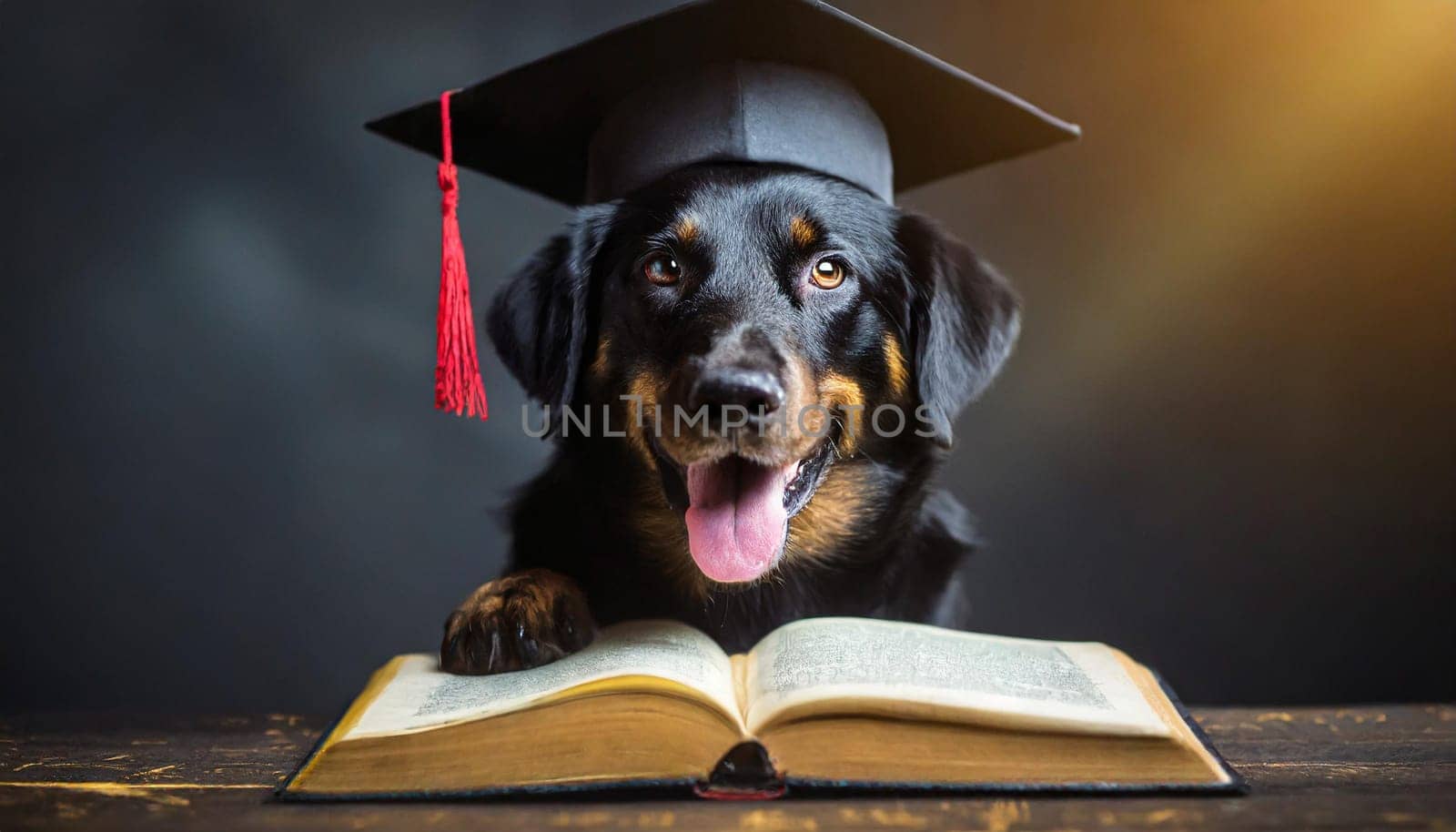 Black dog in graduate hat reading a book on dark background