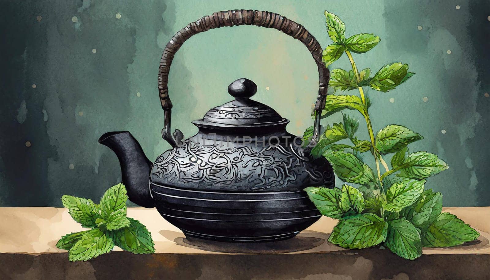 Black iron Asian teapot with sprigs of mint for tea