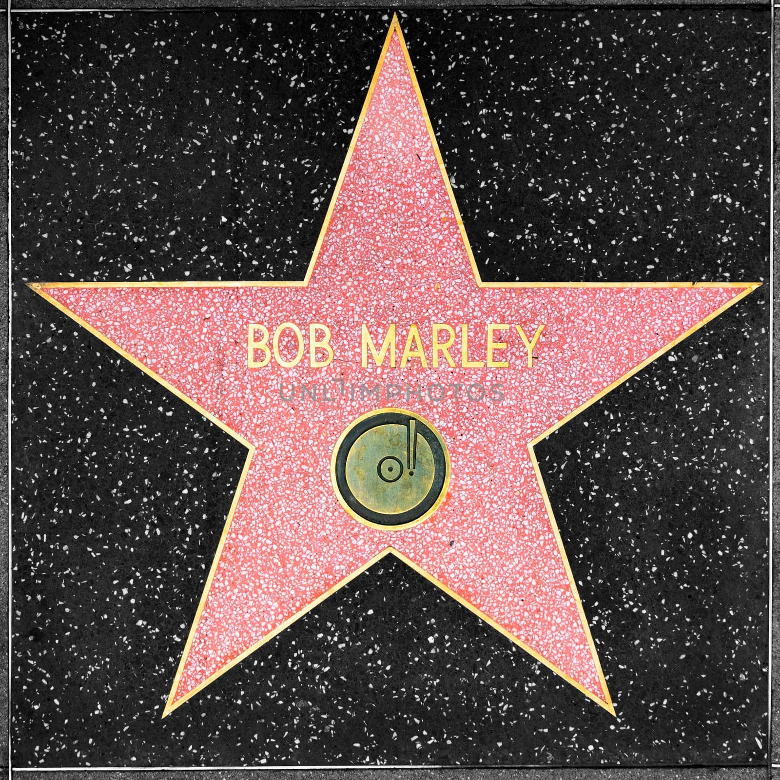 Los Angeles, USA - March 5, 2019:  closeup of Star on the Hollywood Walk of Fame for Bob Marley.