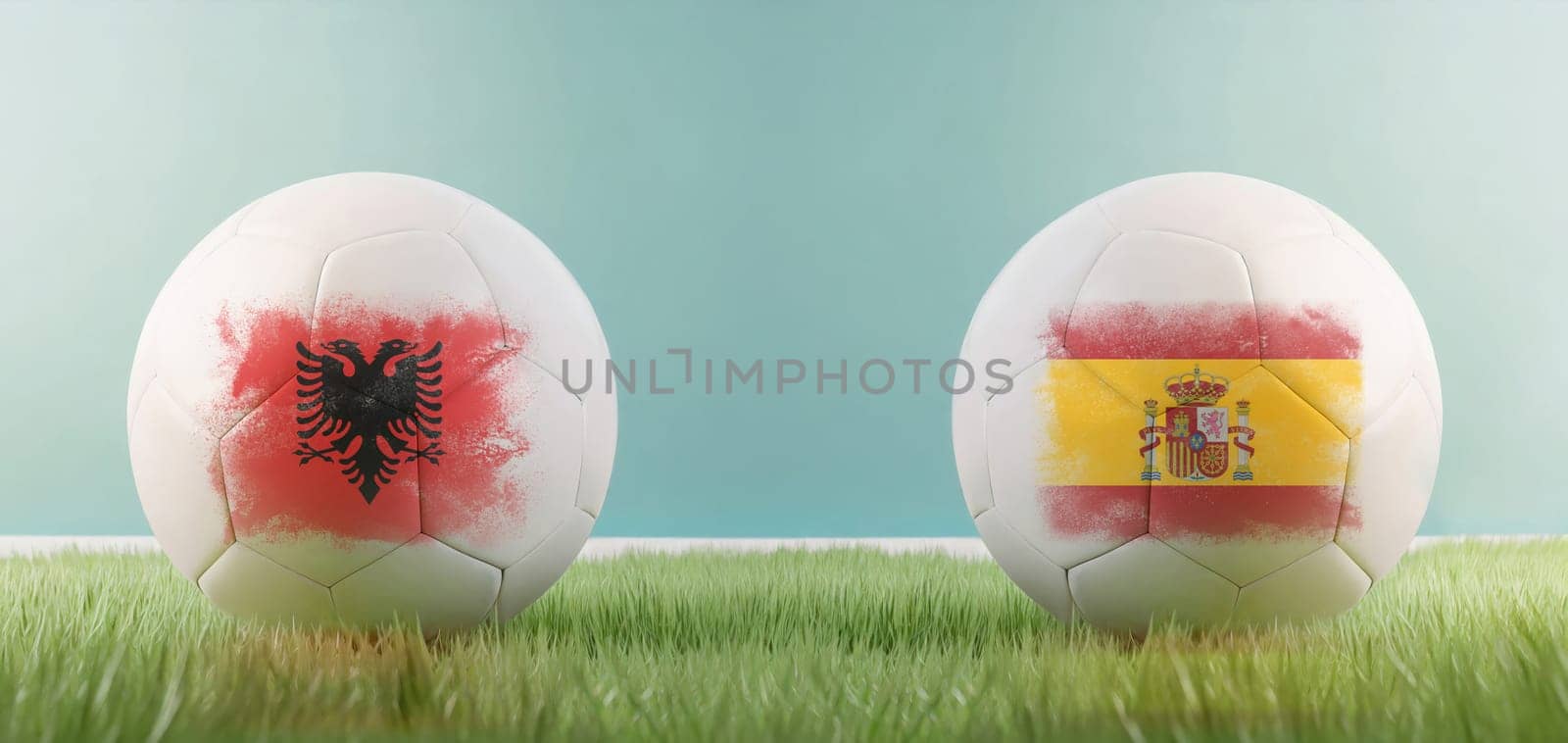 Albania vs Spain football match infographic template for Euro 2024 matchday scoreline announcement. Two soccer balls with country flags placed against each other on the green grass with copy space