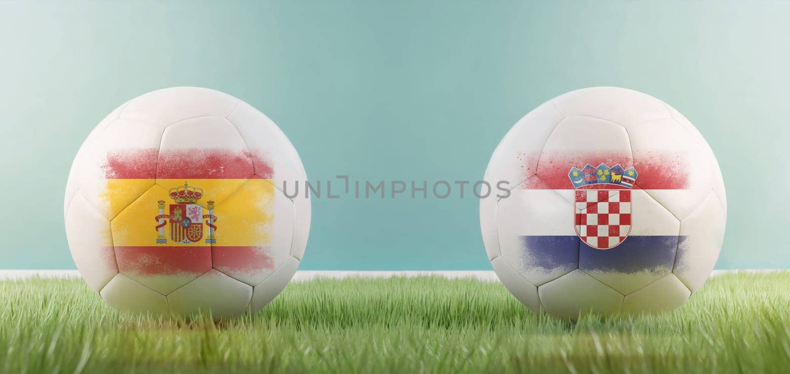 Spain vs Croatia football match infographic template for Euro 2024 matchday scoreline announcement. Two soccer balls with country flags placed against each other on the green grass with copy space