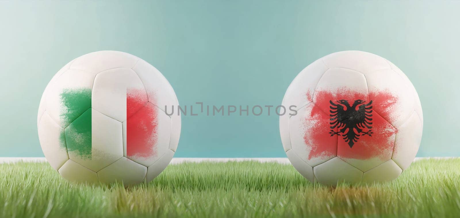Italy vs Albania football match infographic template for Euro 2024 matchday scoreline announcement. Two soccer balls with country flags placed against each other on the green grass with copy space