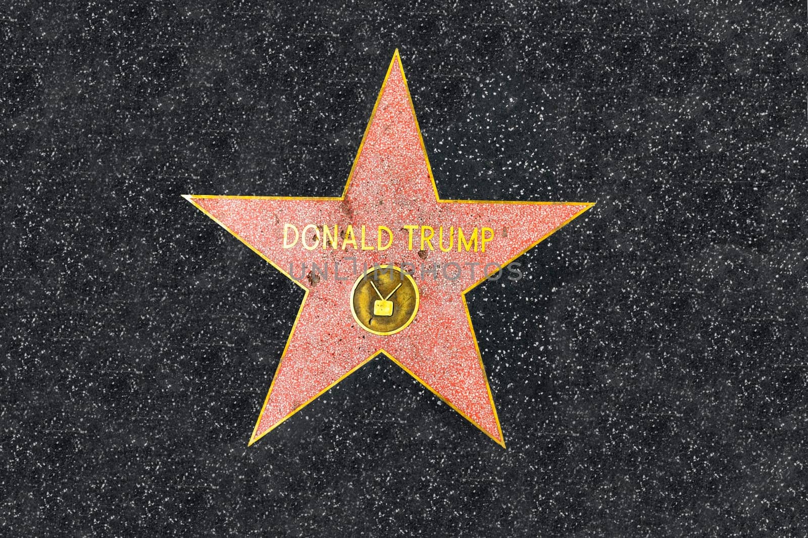 Los Angeles, USA - March 5, 2019:  Close up of President Donald Trump's recently repaired star on the Hollywood Walk of Fame on Hollywood Boulevard, which has been vandalized several times..