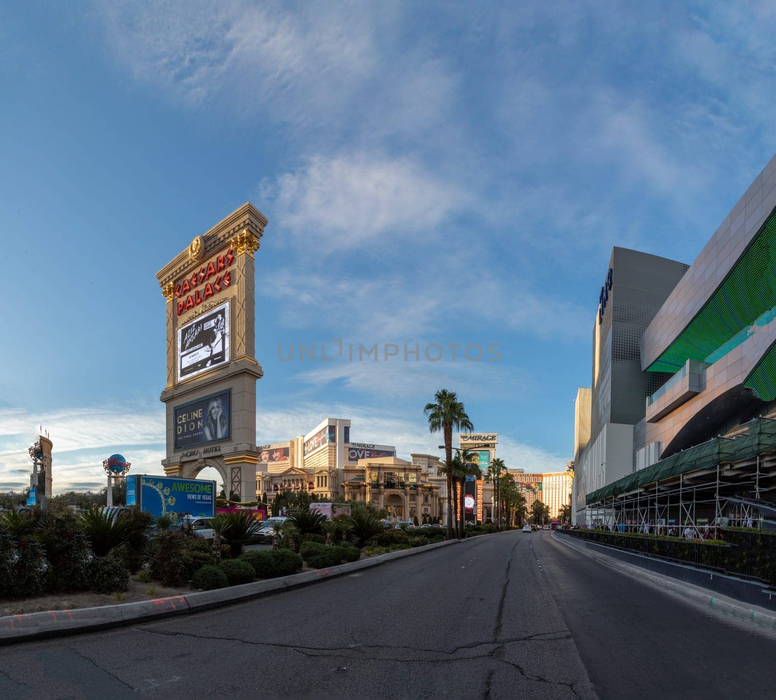 Las Vegas, USA - March 9, 2019: caesars palace with advertising for Celine Dion in Las Vegas at the Strip, USA.