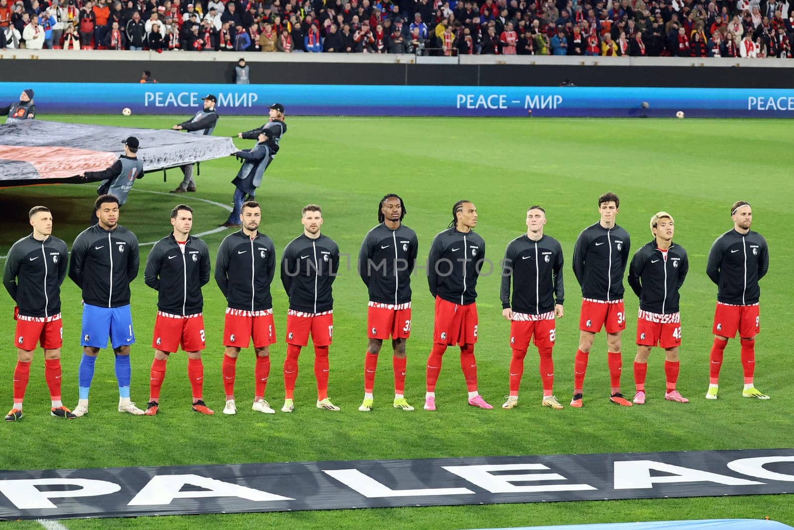 The starting line-up of SC Freiburg before kick-off for the match of the Football Europa League - Qualification 1/8 Final,SC Freiburg vs RC Lens