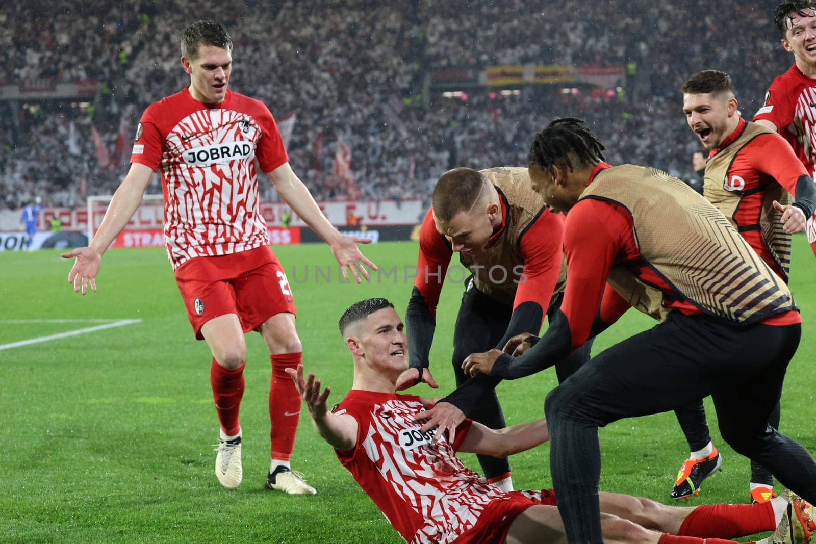 What a joy about the late 2:2 equaliser,for Torschuetze,goal scorer Roland Sallai (SC Freiburg) and his teammates,like Matthias Ginter (SC Freiburg) at the match of the Football Europa League - Qualification 1/8 Final,SC Freiburg vs RC Lens