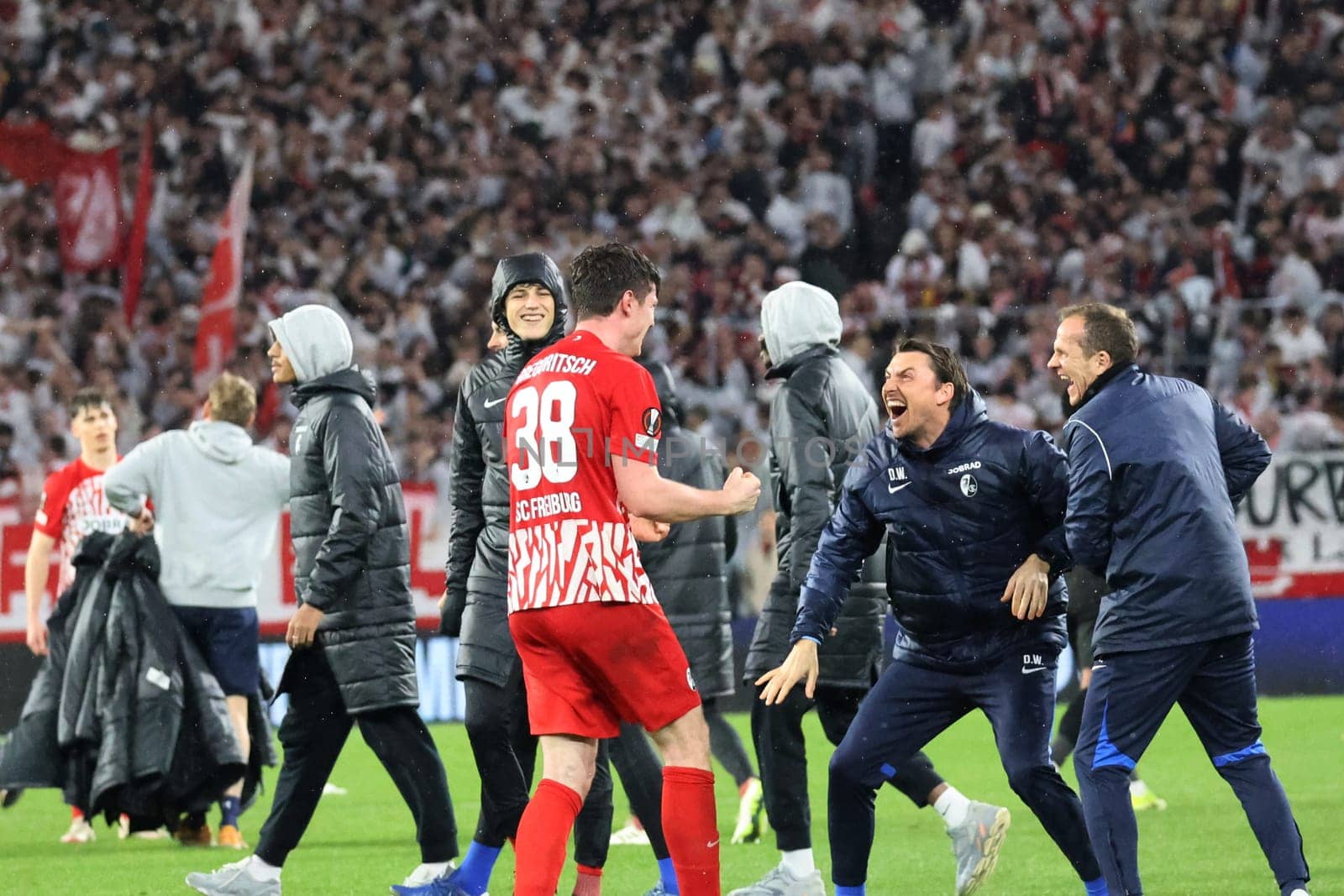 Athletics coach Daniel Wolf (SC Freiburg) celebrates with Michael Gregoritsch (SC Freiburg) the 3:2 winning goal after the final whistle in the match of the Football Europa League - Qualification 1/8 Final,SC Freiburg vs RC Lens