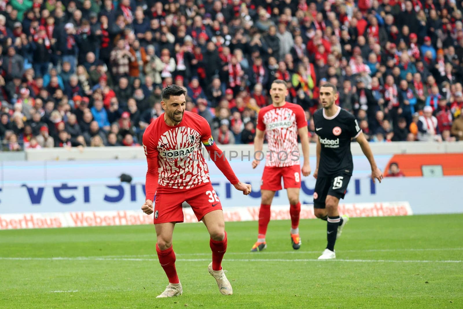 Vincenzo Grifo (SC Freiburg) celebrates his penalty goal to level the score at 2:2 in the match of the 1. FBL: 23-24: 22. Sptg. SC Freiburg - Eintracht Frankfurt  DFL REGULATIONS PROHIBIT ANY USE OF PHOTOGRAPHS AS IMAGE SEQUENCES AND/OR QUASI-VIDEONann  Photo: Joachim Hahne/johapress