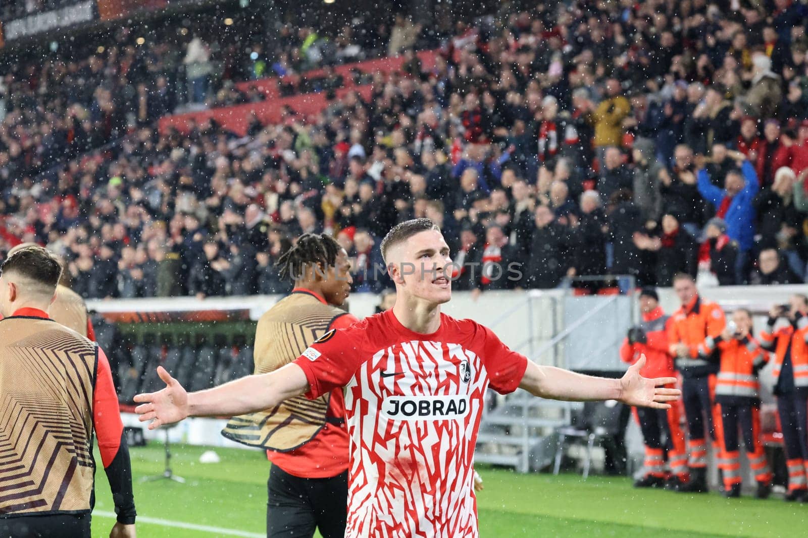 Roland Sallai (SC Freiburg) celebrates his goal to level the score at 2-2 and was the celebrated star of the Europa League - Qualification 1/8 Final,SC Freiburg vs RC Lens