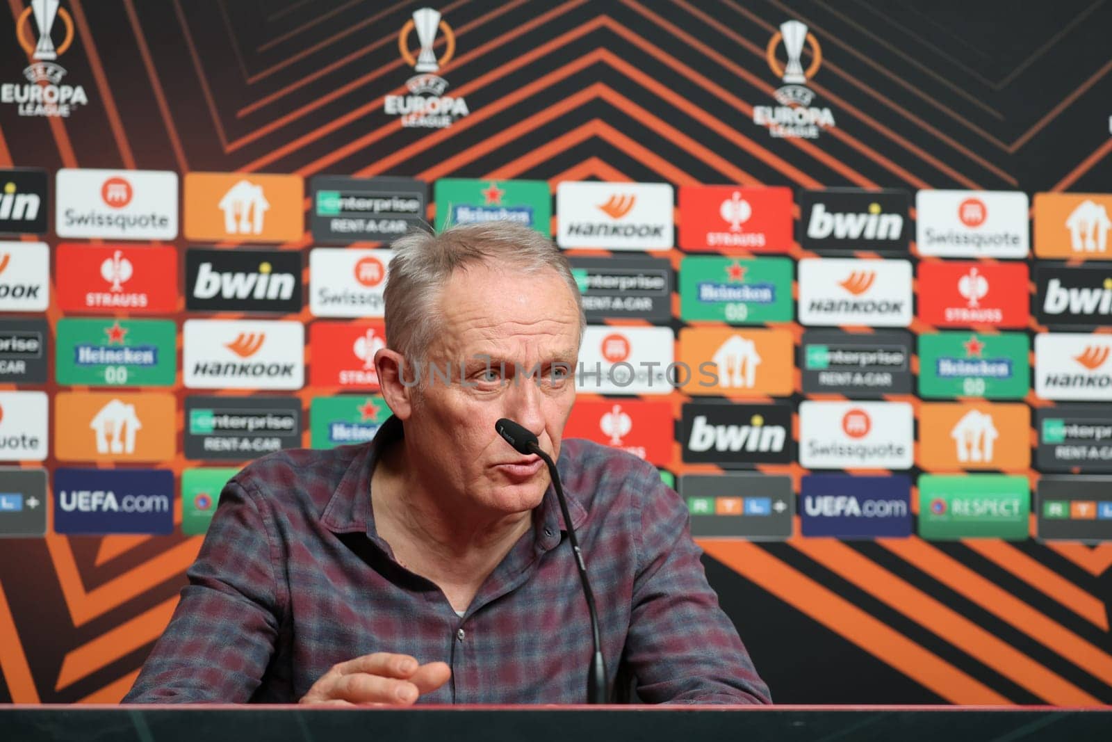 Coach Christian Streich (SC Freiburg) at the press conference,PK before Football Europa League - Qualification 1/8 Final,SC Freiburg vs RC Lens