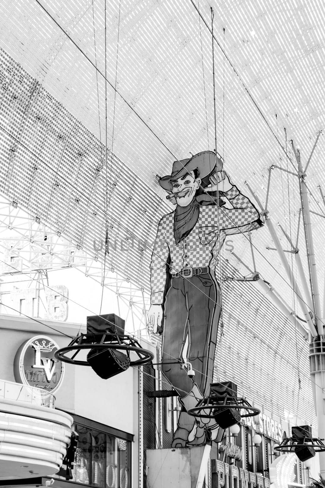 Las Vegas, USA - March 10, 2019: The Las Vegas Vic cowboy neon at the former Pioneer Casino in Las Vegas Fremont street. The classic sign was built in 1951.