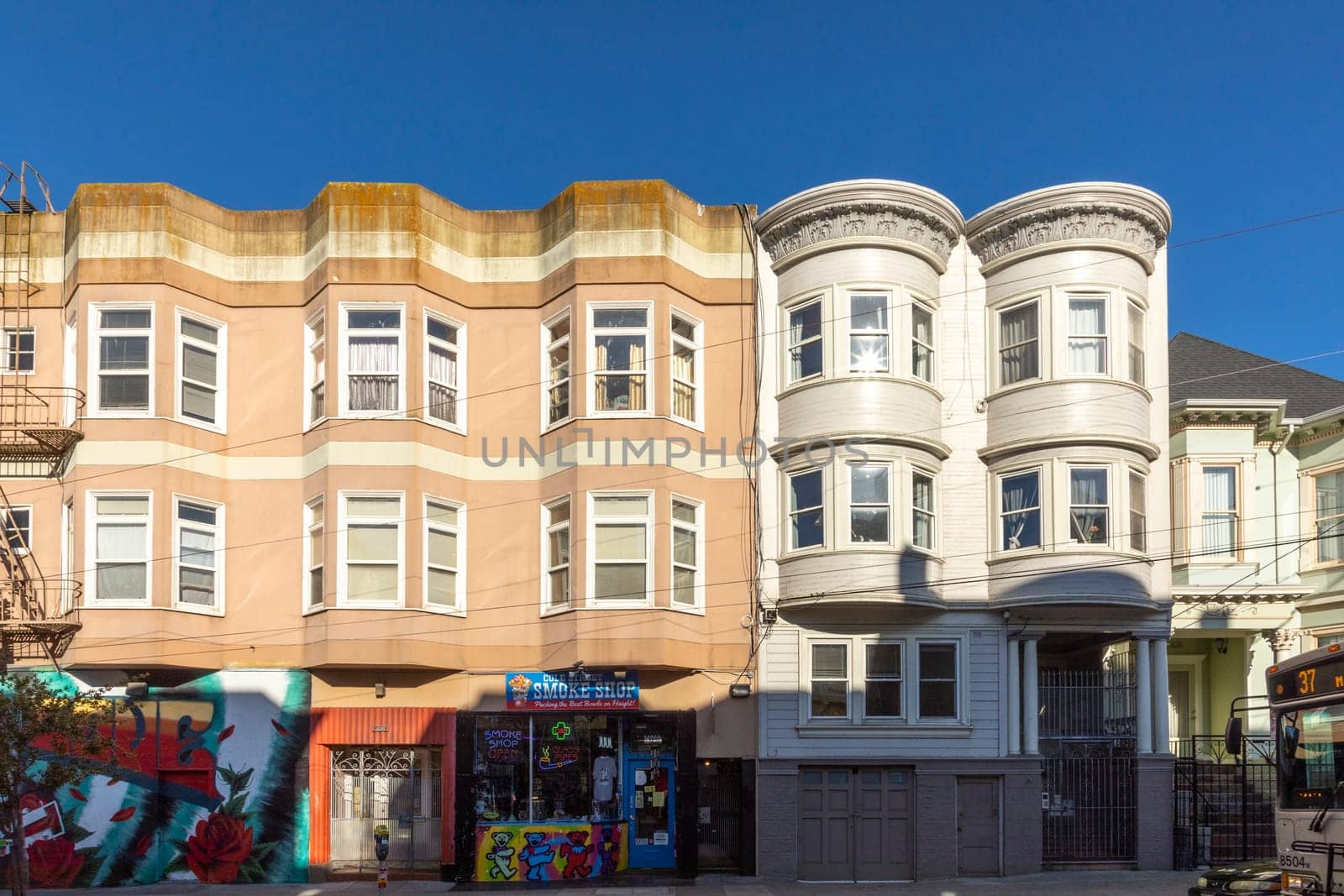 San Francisco, USA - March 13, 2019: typical old houses and street scene in Cole street downtown San Francisco.