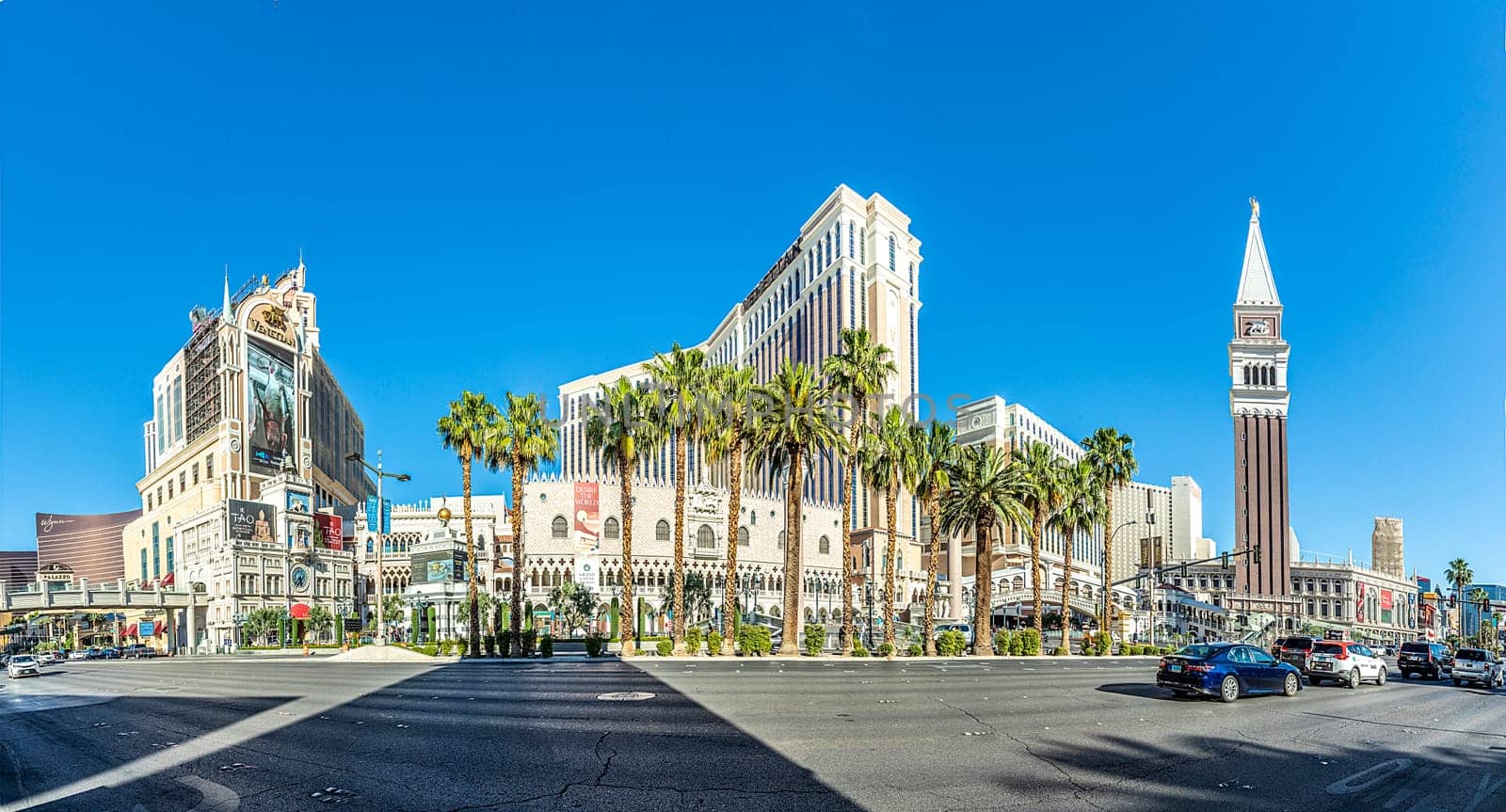 Las Vegas, USA - May 24, 2022: view to hotels and casinos at the Strip in daytime with neon advertising.