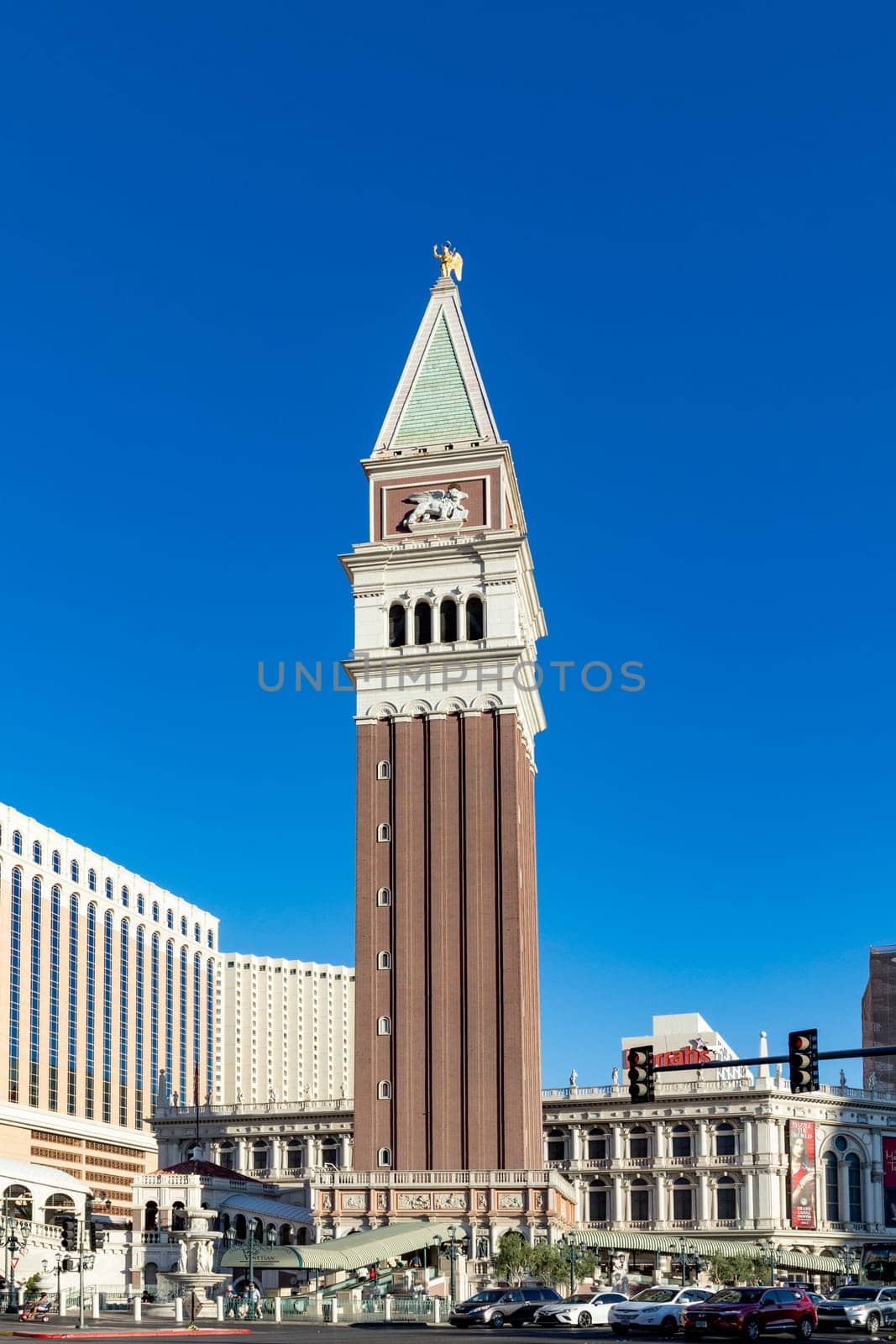 Las Vegas, USA - May 24, 2022: view to hotels and casinos at the Strip in daytime with neon advertising.